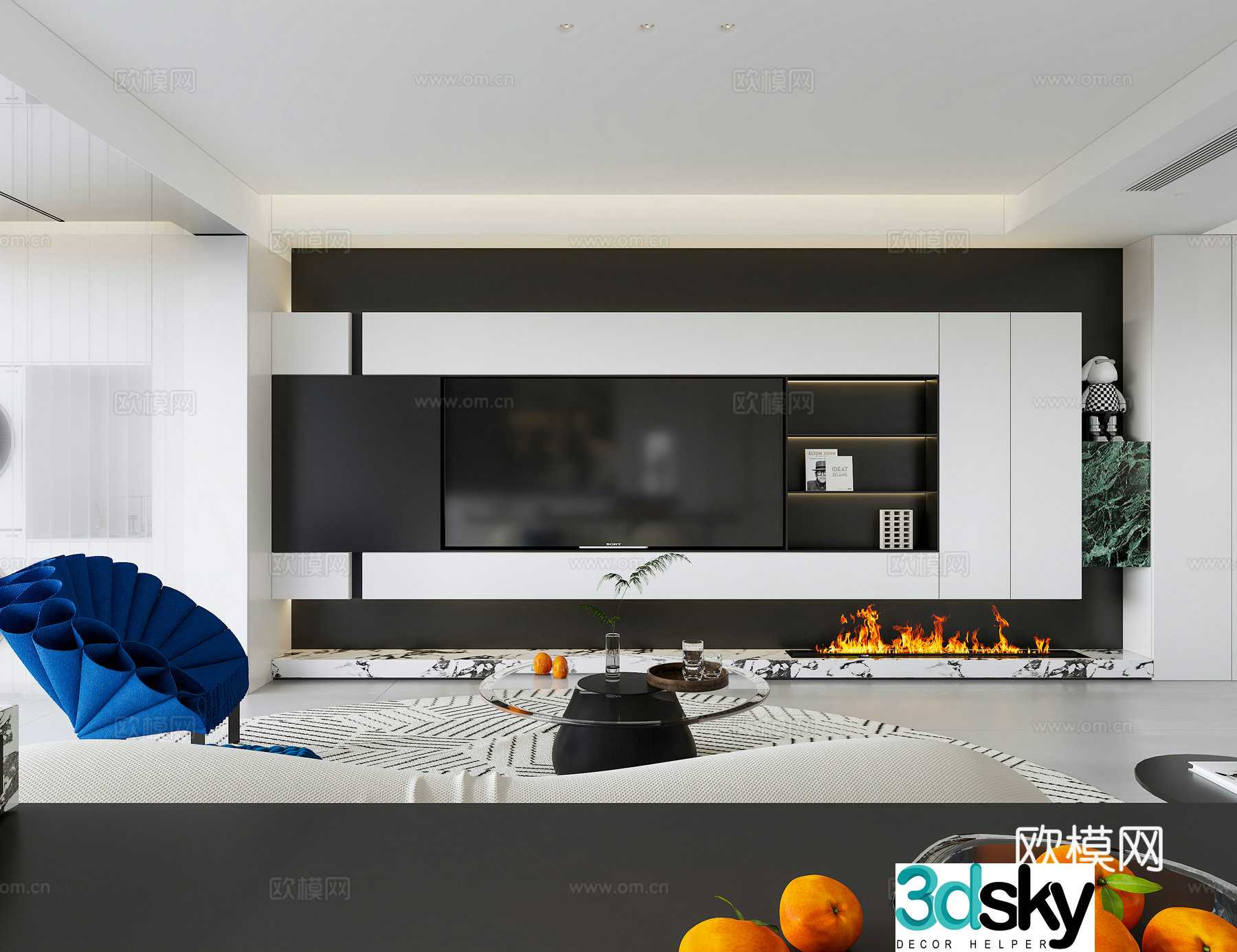 Modern minimalist living room modern minimalist TV background wall large flat layer 3D model