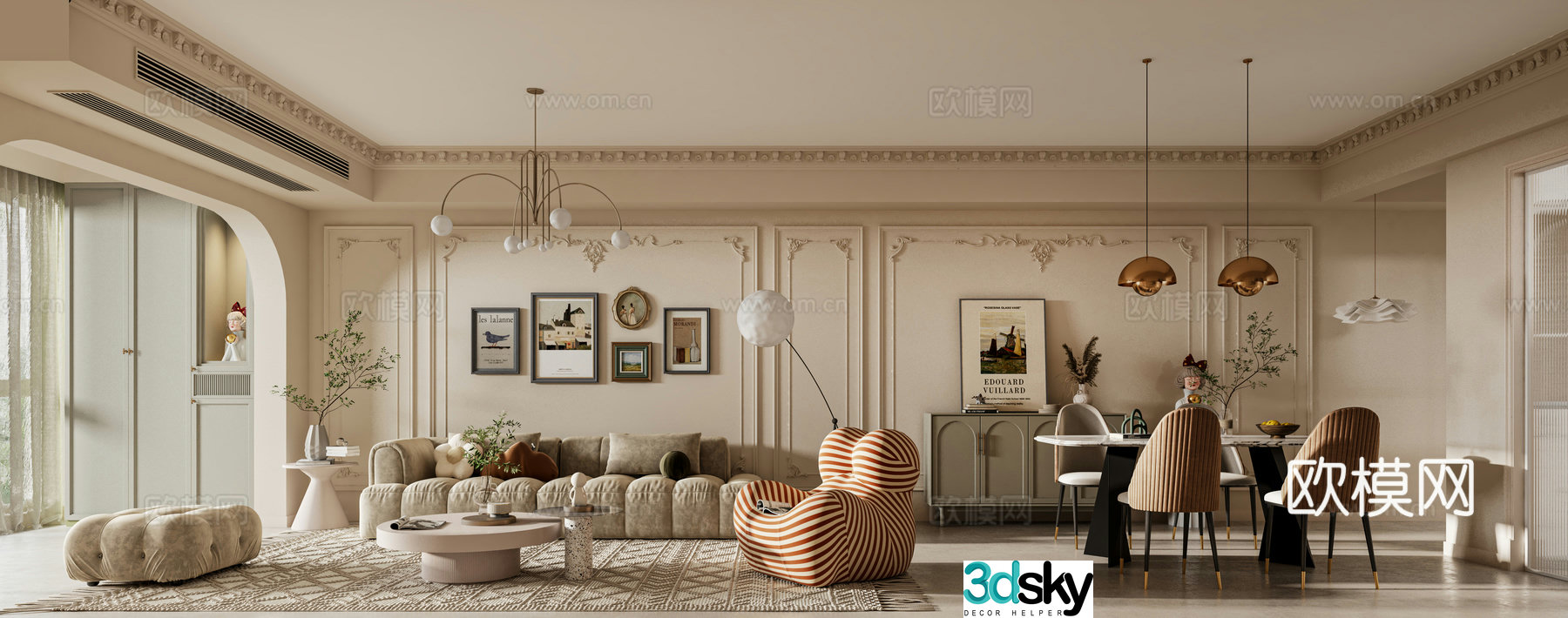 French retro living room and dining room French retro sofa coffee table combination 3D model