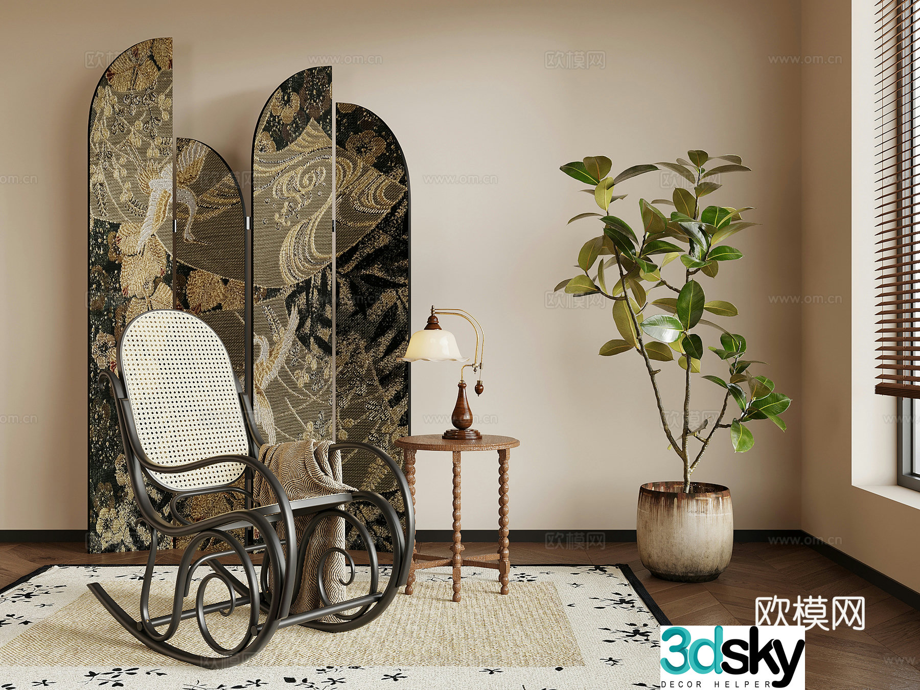French retro style leisure chair screen potted green plants 3D model