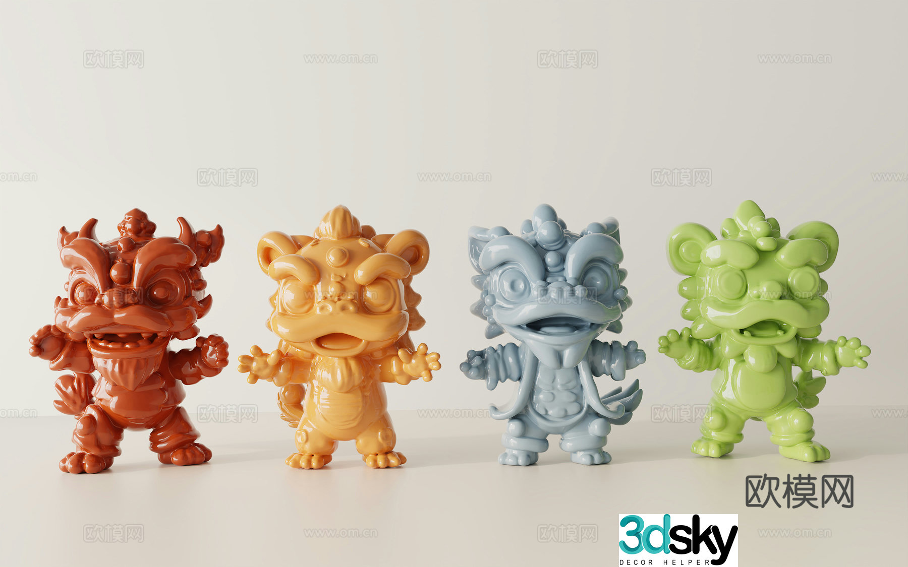 Modern cream ceramic ornaments Chinese mascot ornaments Lion dance ornaments Mascot 3d model