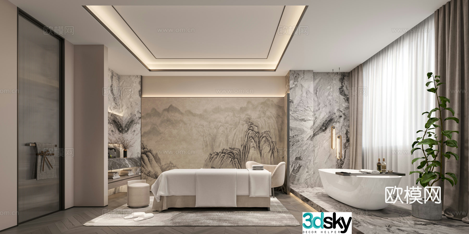 New Chinese-style nursing room beauty room private room medical beauty beauty bed plant washing station 3d model