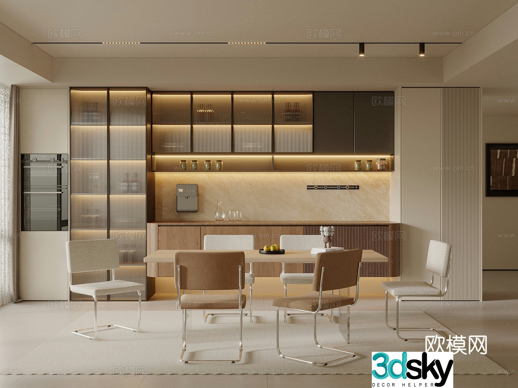 Middle style restaurant dining table chair wine cabinet 3d model