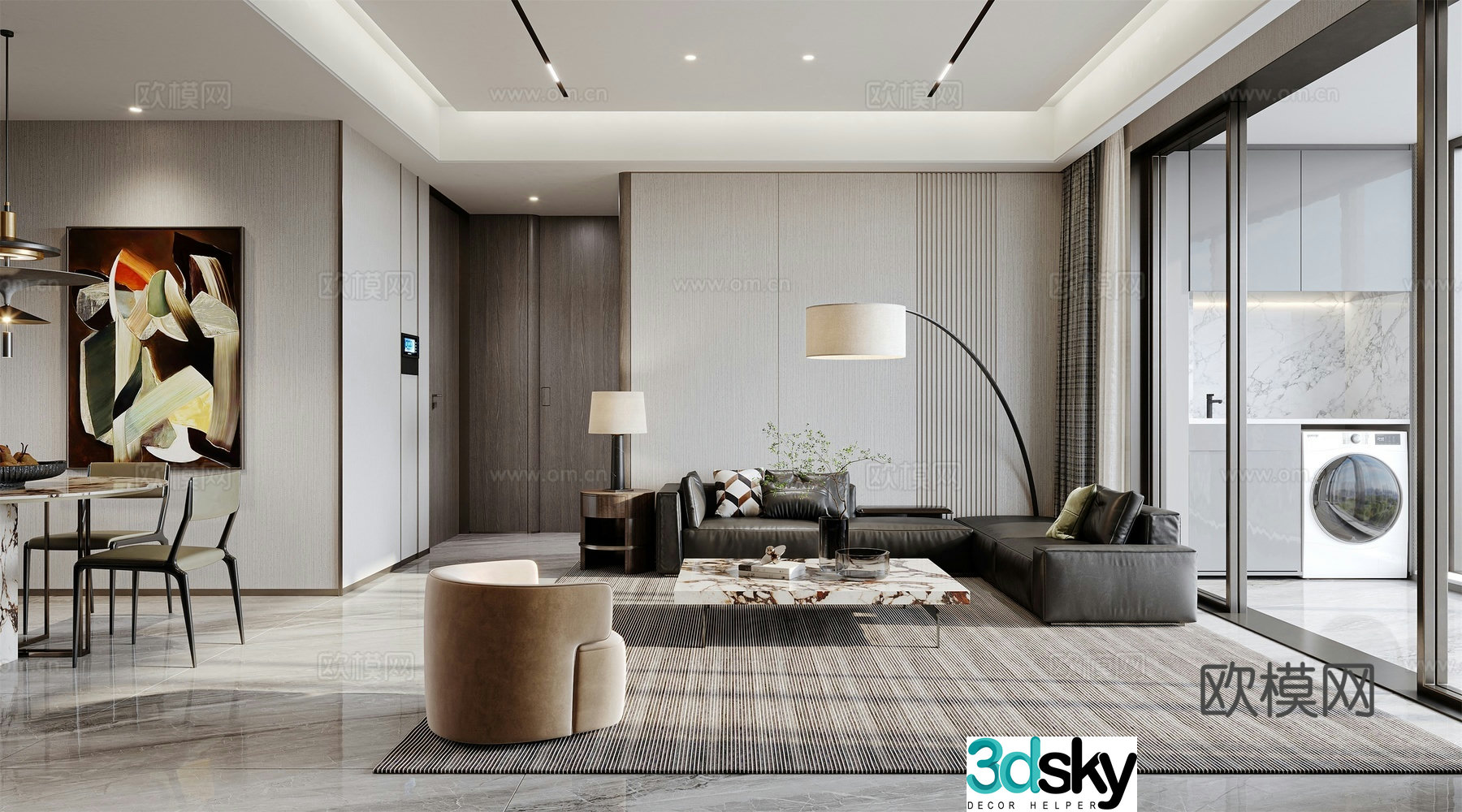 Modern living and dining room 3d model