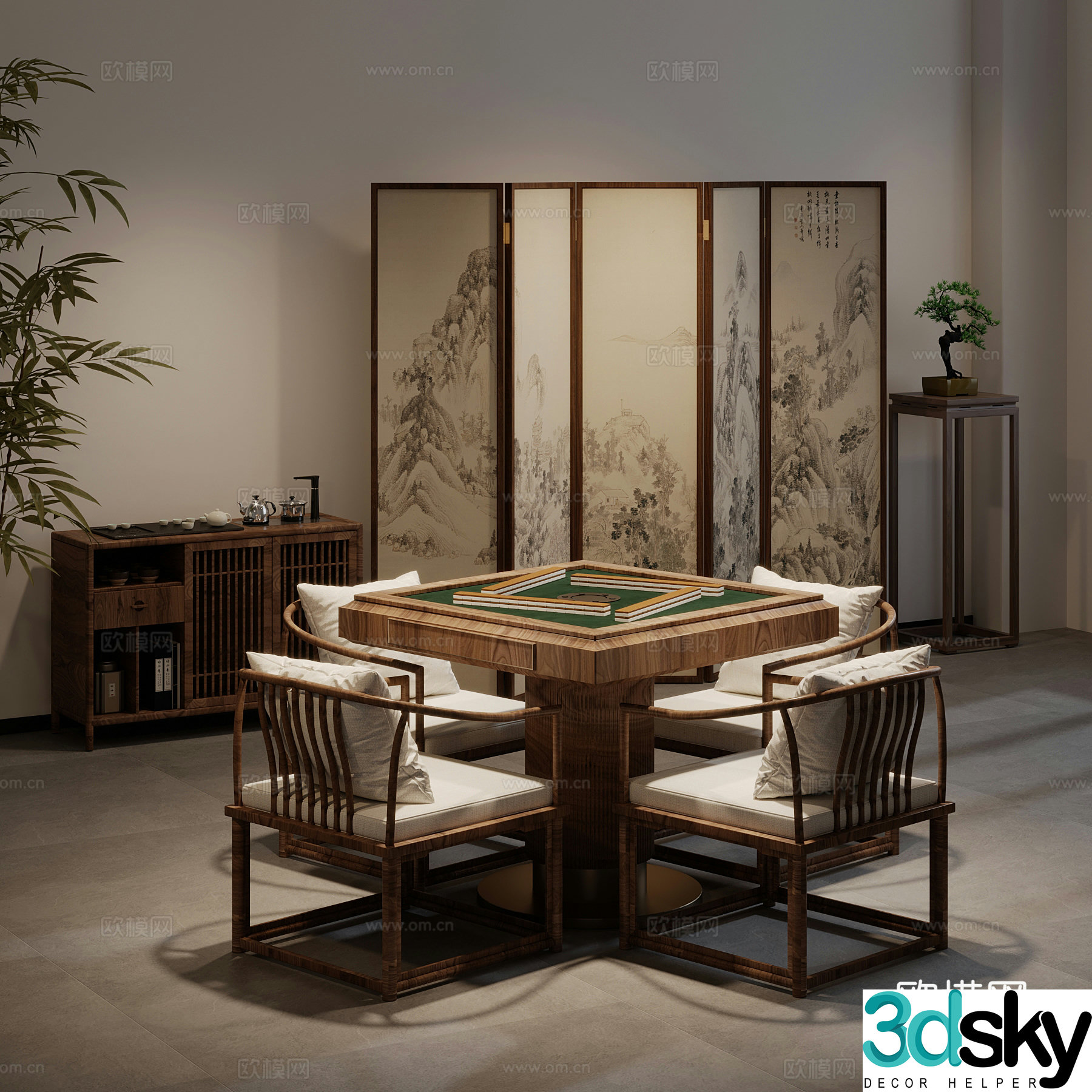 New Chinese chess and card room mahjong table screen tea cabinet 3D model