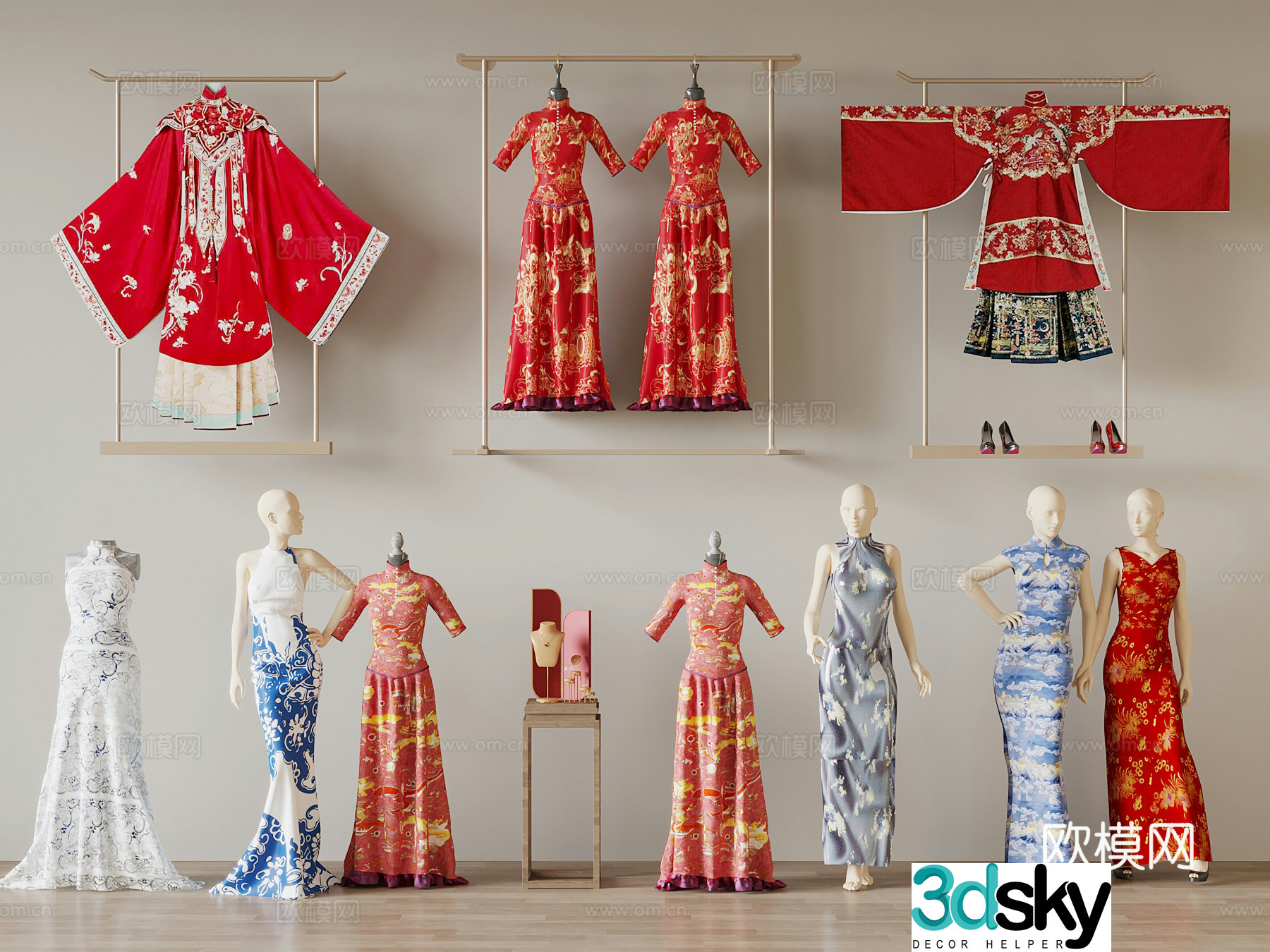 New Chinese Cheongsam Xiuhe Dress Wedding Clothes Hanfu 3D Model