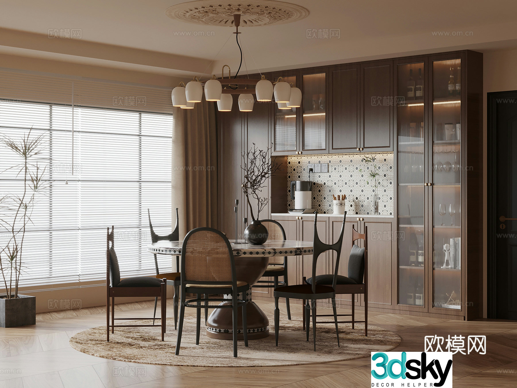 Middle-aged restaurant wine cabinet sideboard dining table and chair combination 3D model