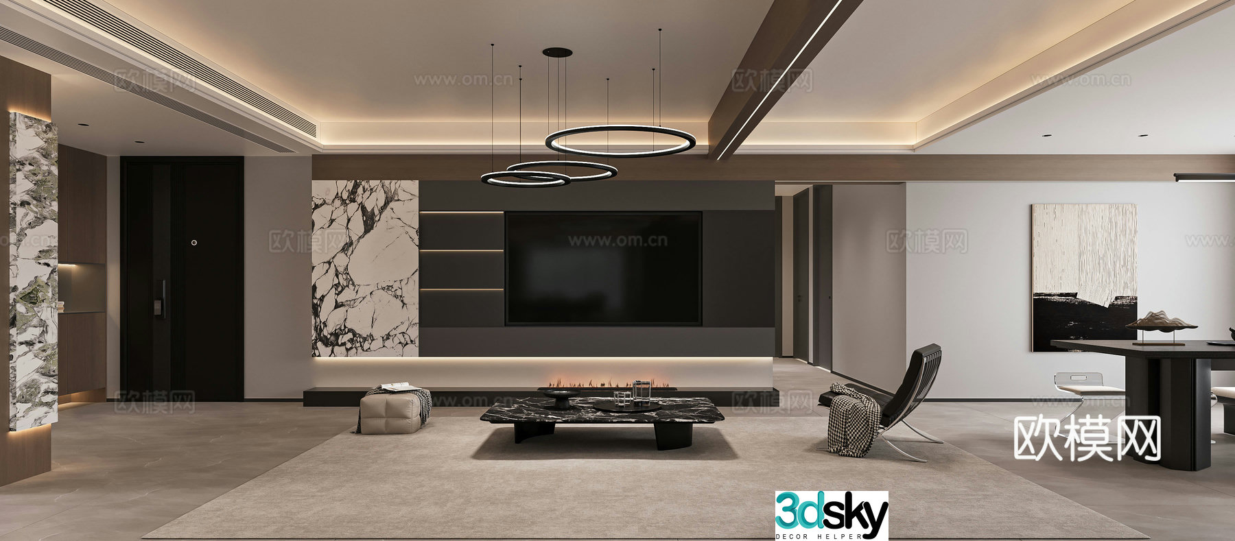 Modern living and dining room 3d model