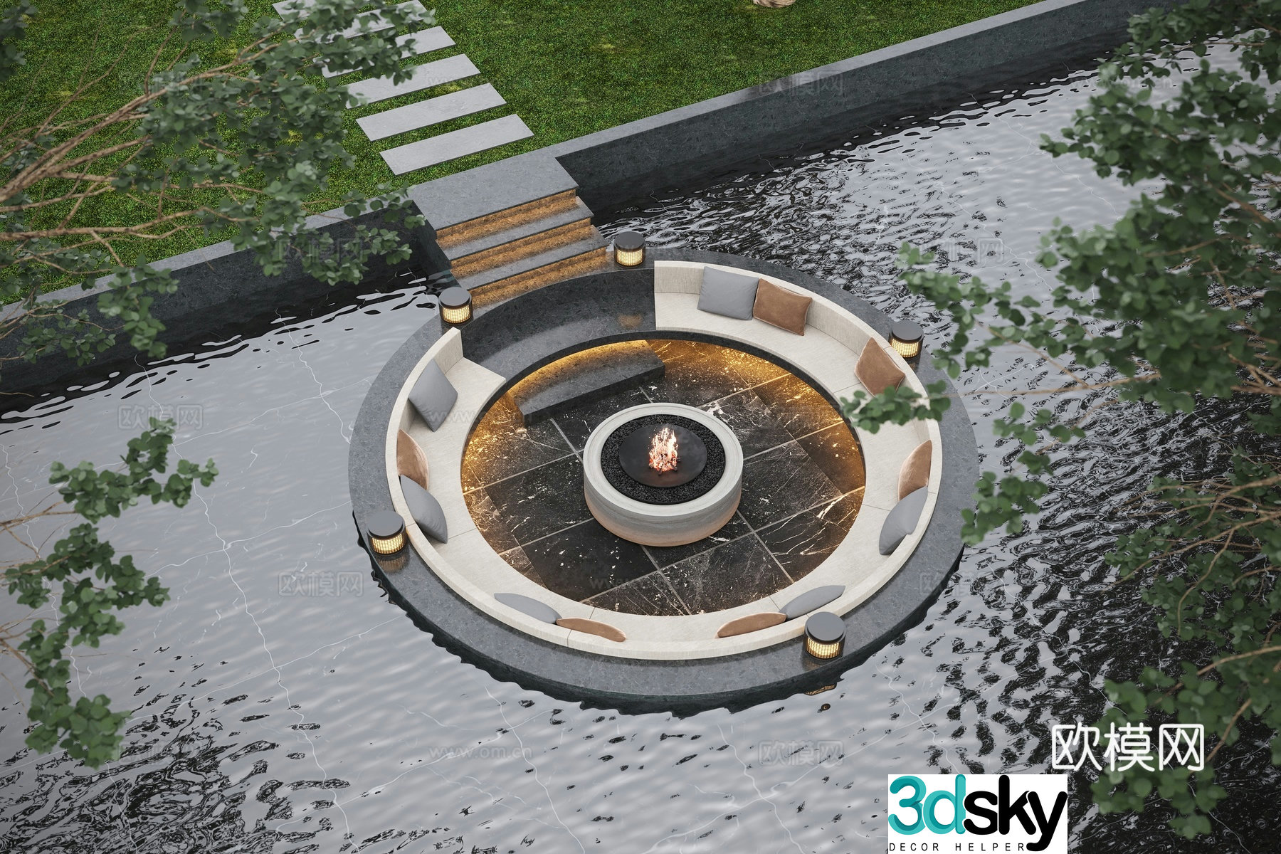 Modern courtyard booth garden water view garden lights 3d model