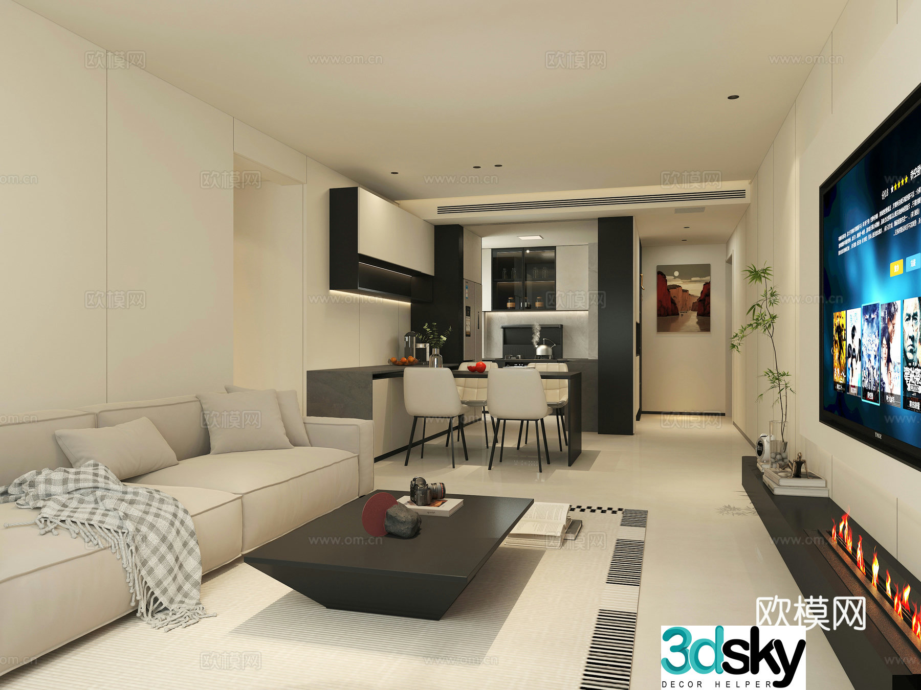 Italian minimalist living and dining room 3D model