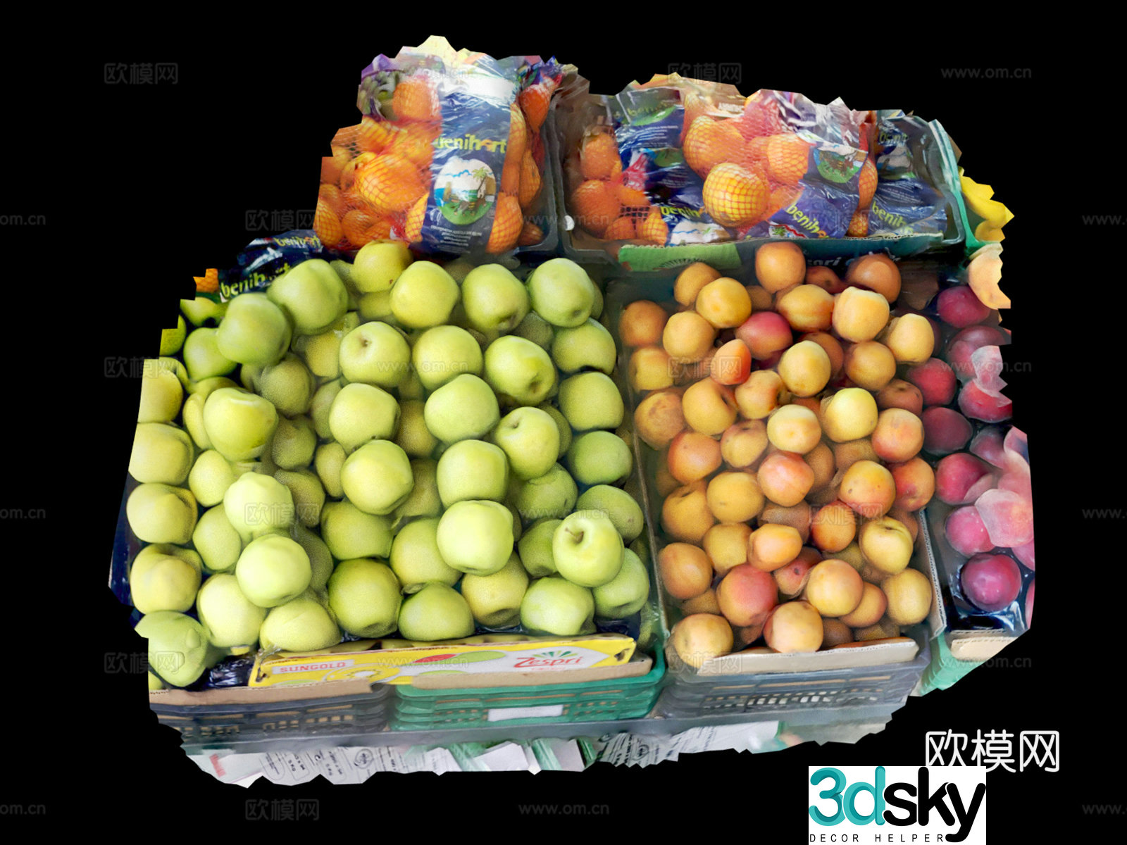 Fruit Apple Orange Apricot and Plum Two-frame fruit 3D model