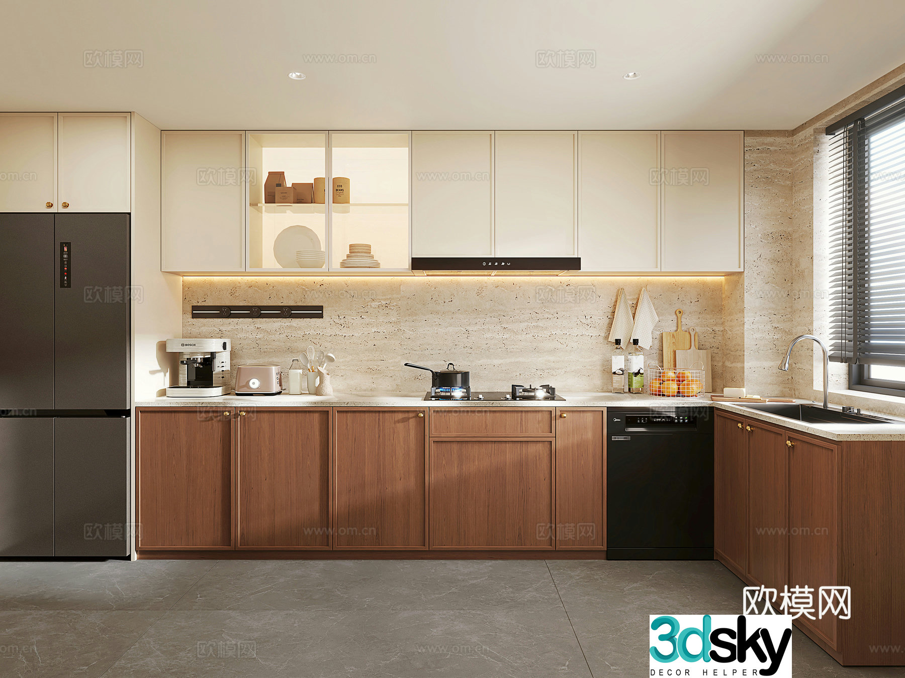 Modern medieval style kitchen cabinets hood stove refrigerator kitchen ornaments dishwasher 3d model