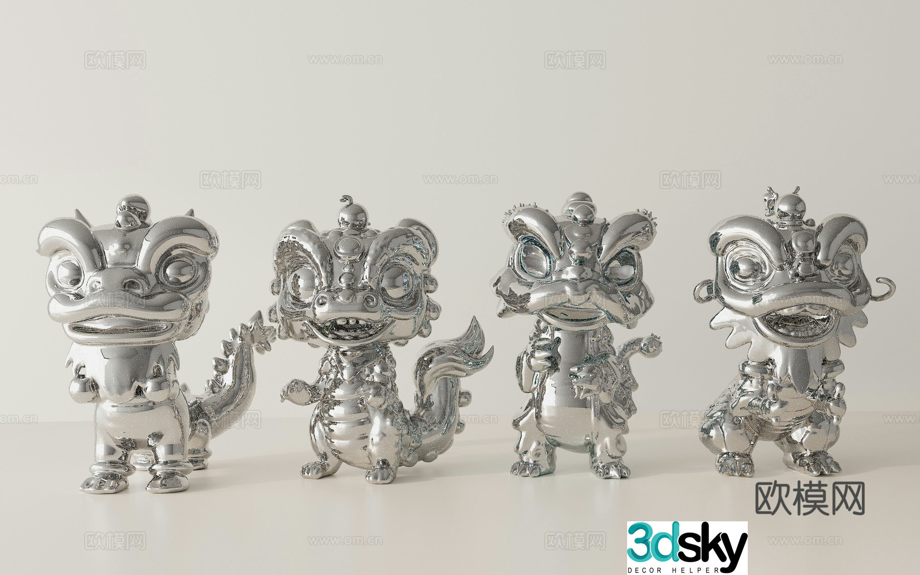 Modern cream ceramic ornaments Chinese mascot ornaments Lion dance ornaments Mascot 3d model