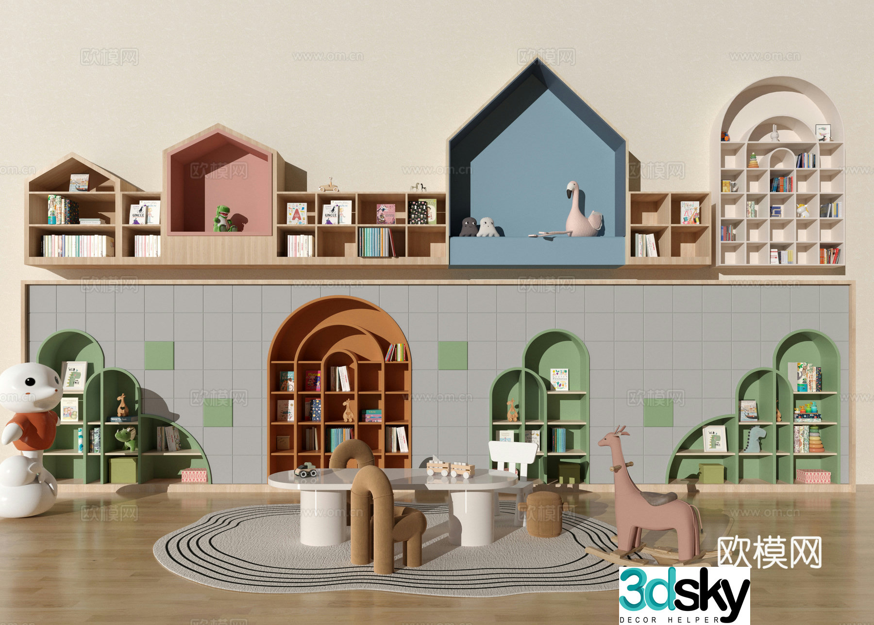 Kindergarten bookshelf Kindergarten bookcase reading room Kindergarten table and chair 3d model