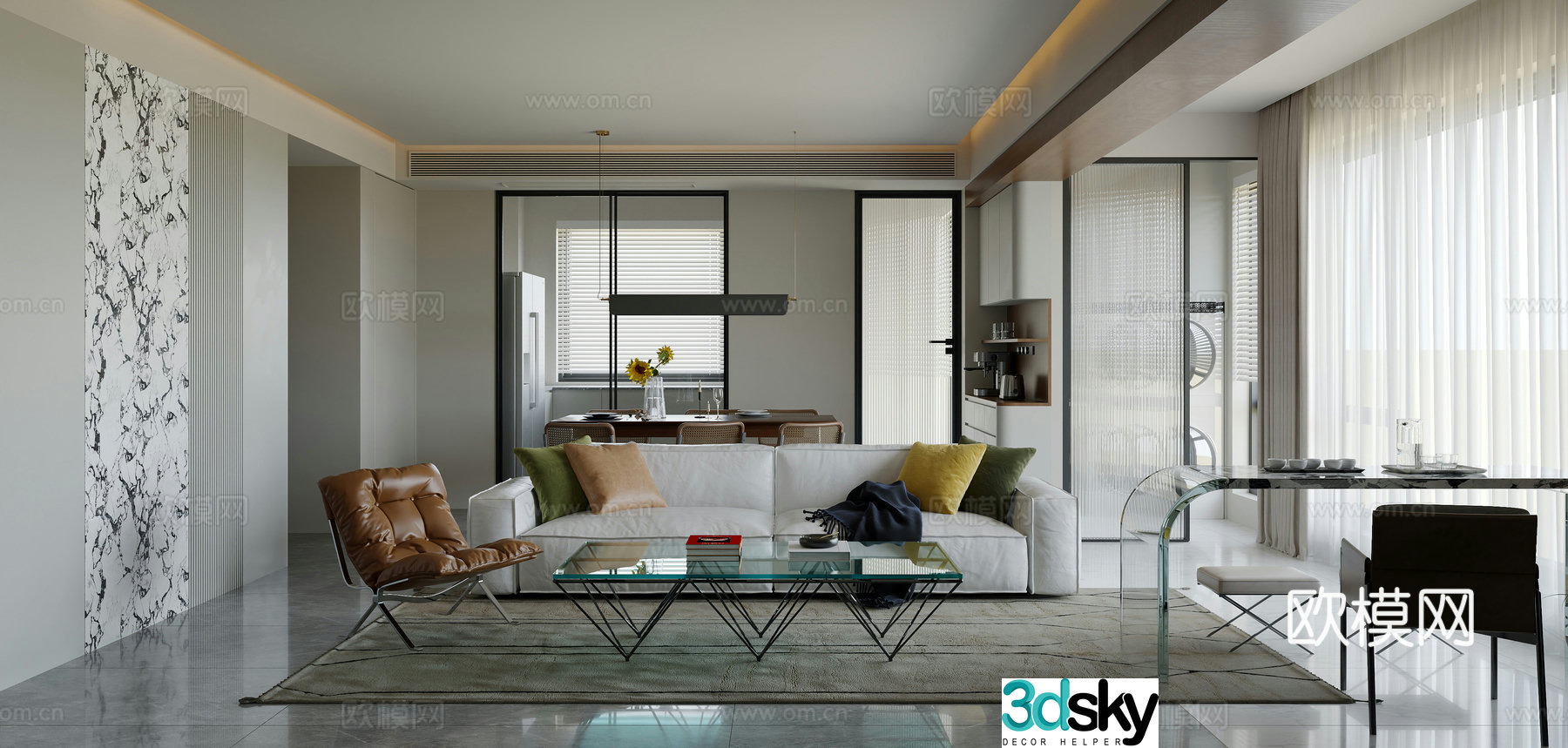 Modern living and dining room 3d model