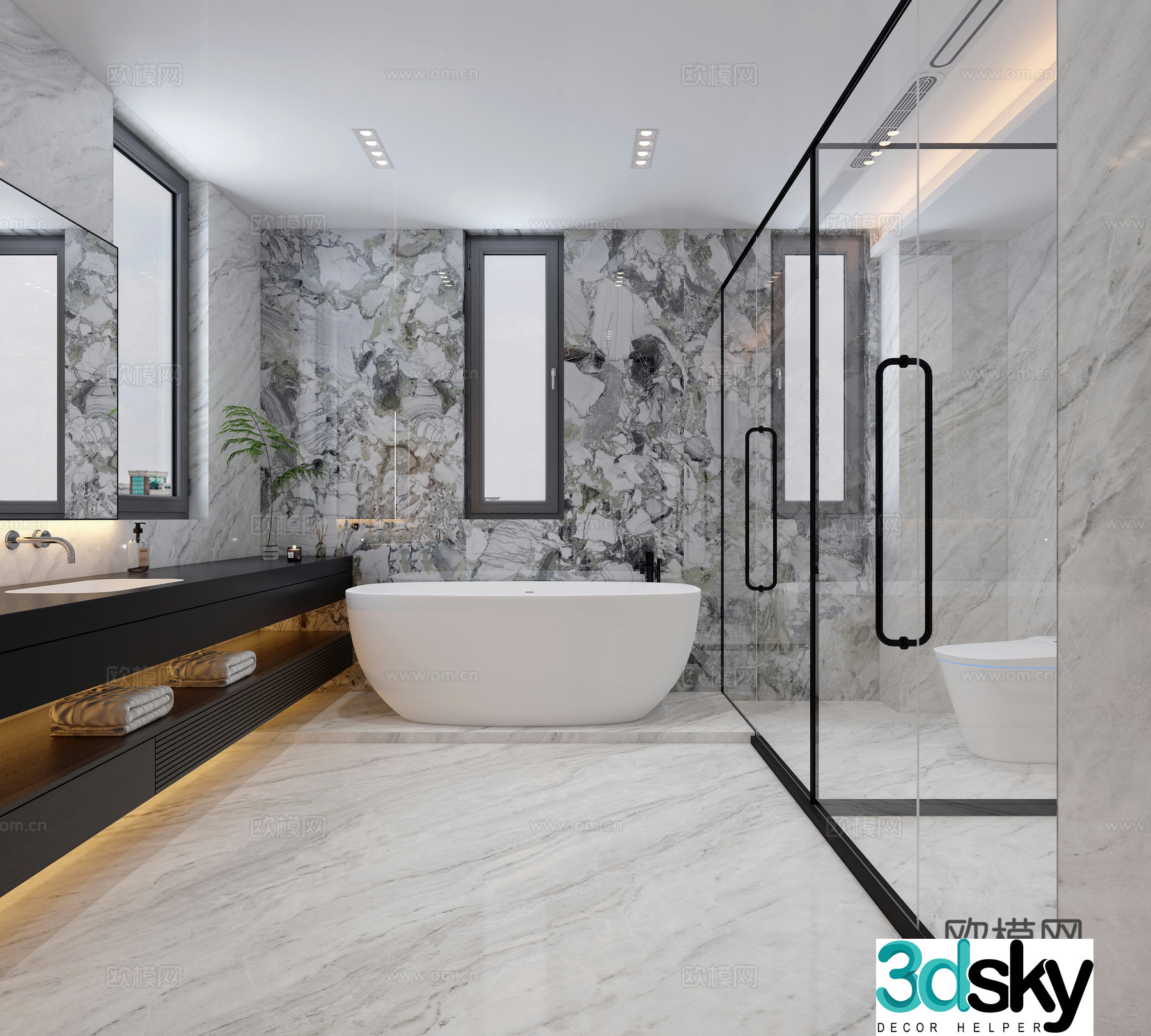 Modern Italian bathroom double basin bathroom cabinet bathtub shower toilet 3d model