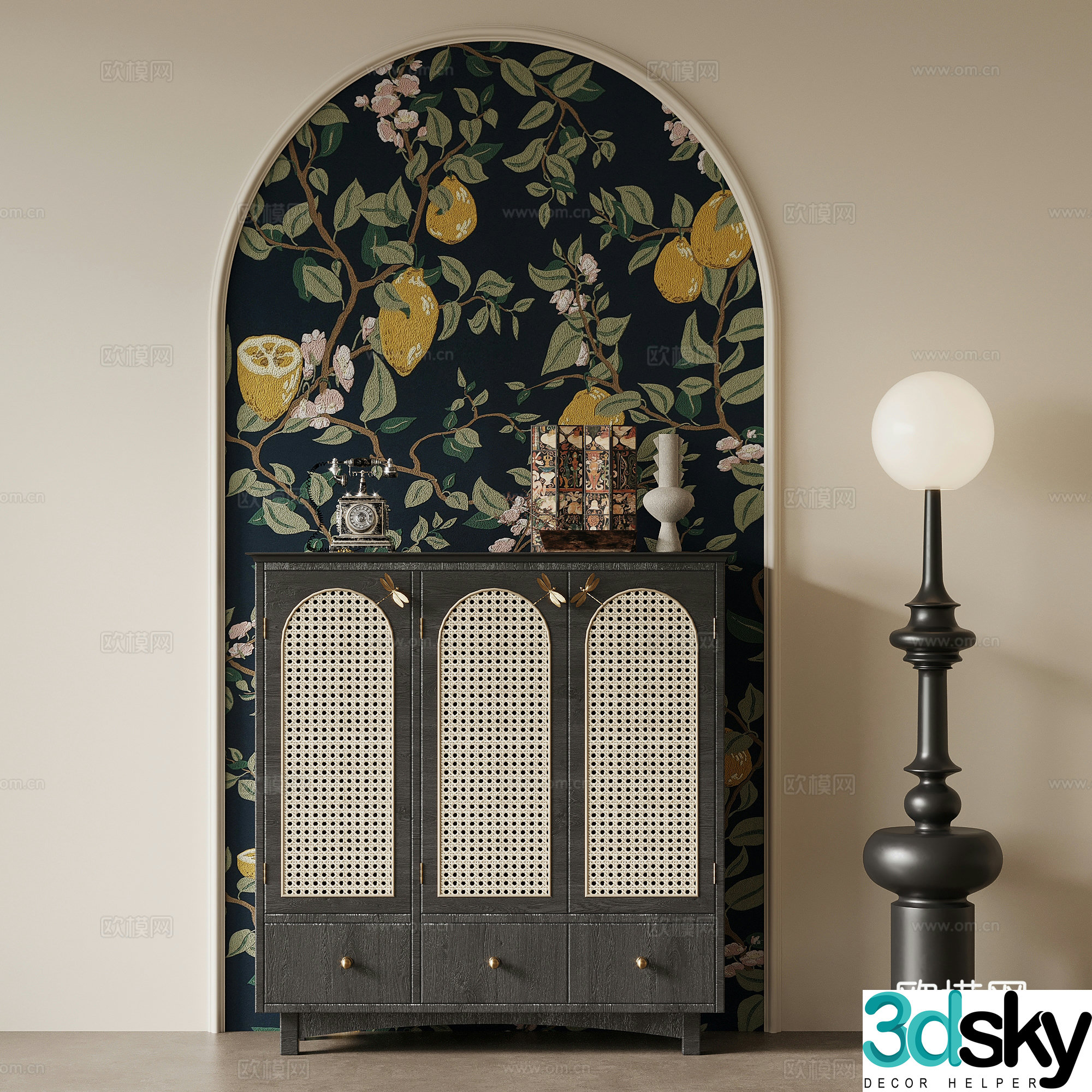 Middle-aged side cabinet entrance cabinet floor lamp 3D model