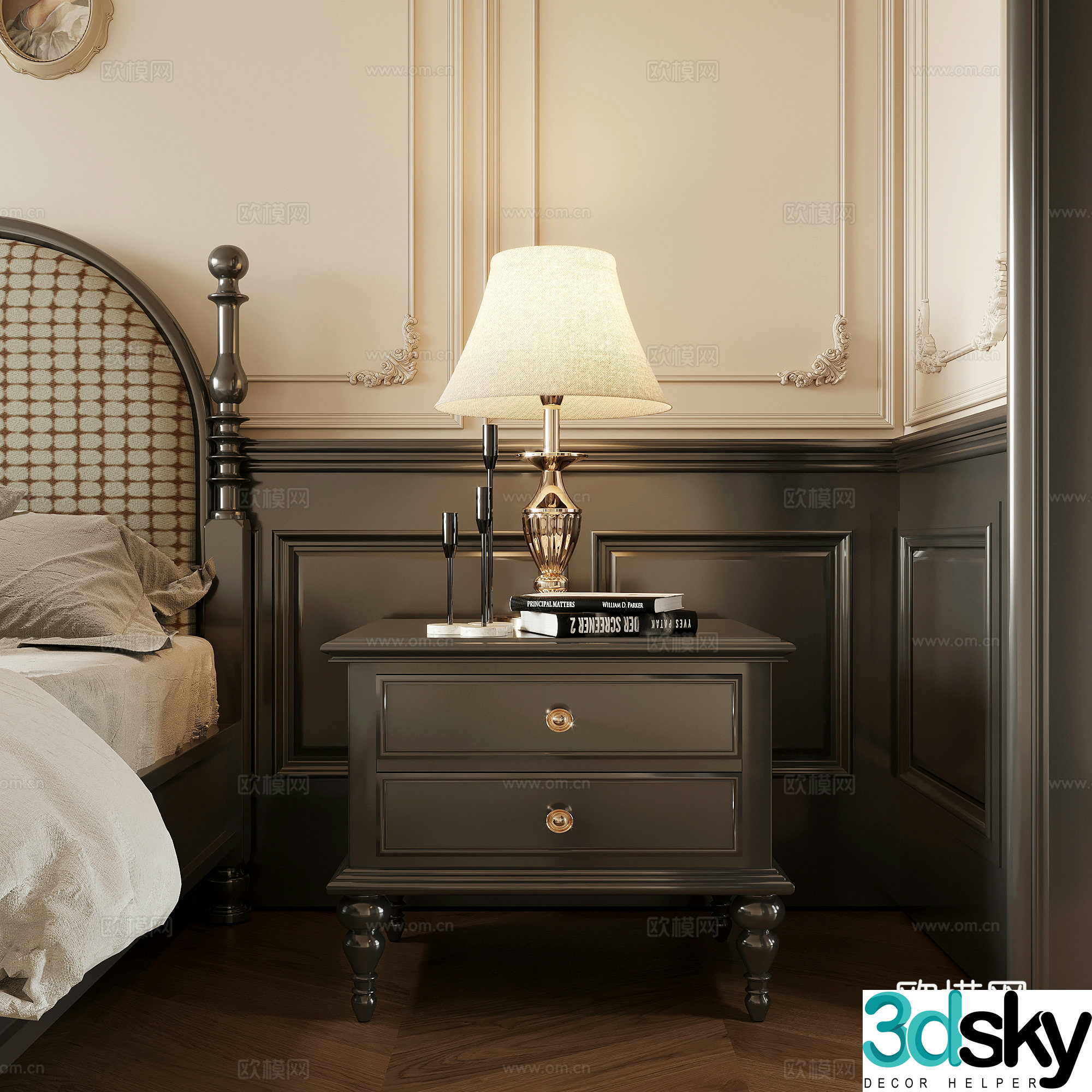 French retro style bedside table lamp book ornament 3D model