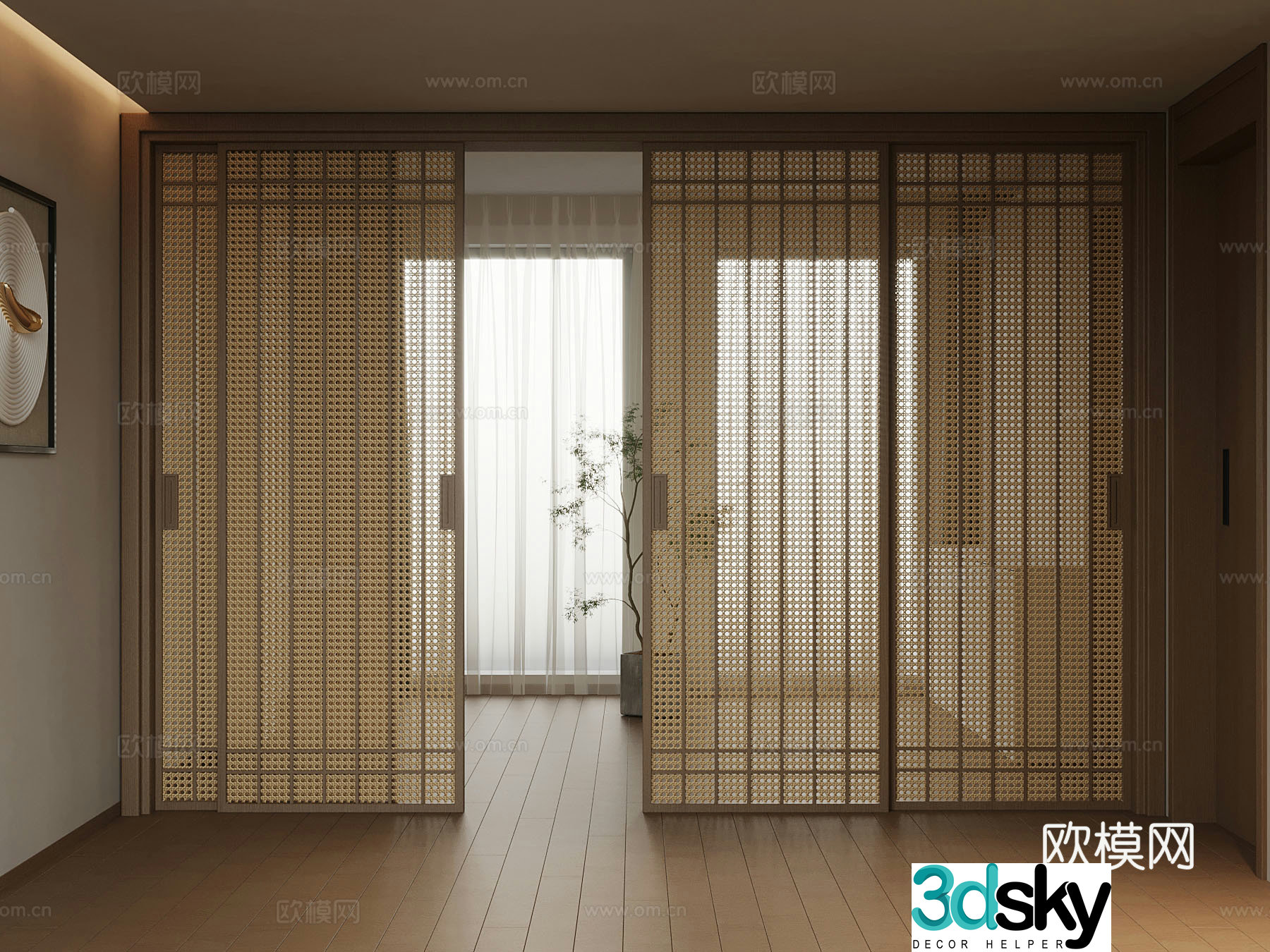 Modern solid wood sliding door green plant 3d model