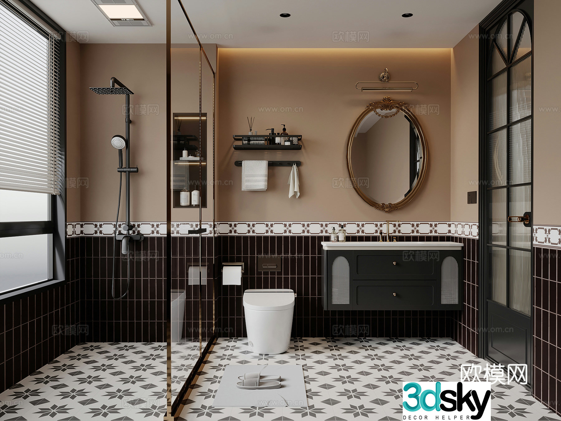 French retro style bathroom bathroom cabinet shower toilet 3d model