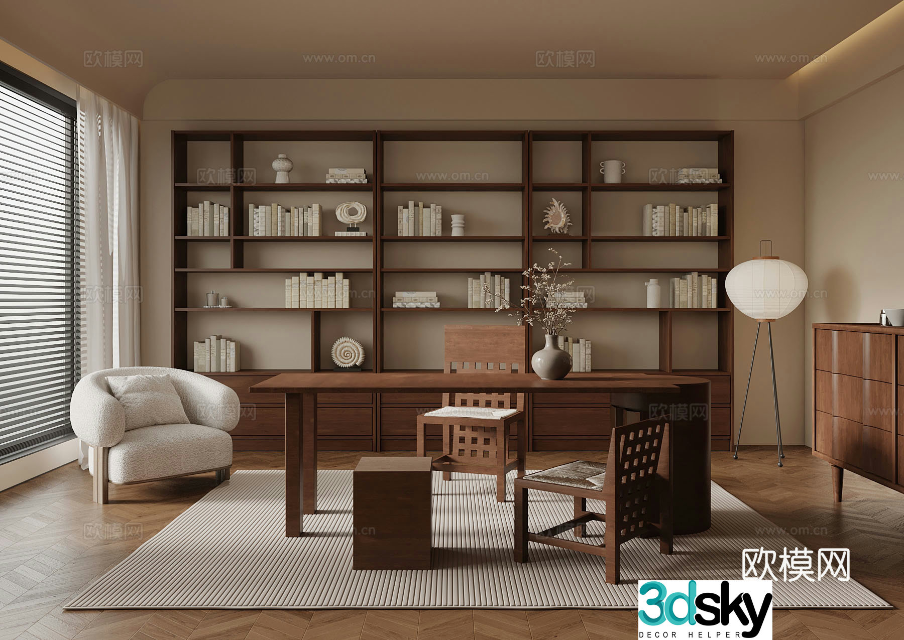 Middle-aged study bookcase desk and chair 3D model
