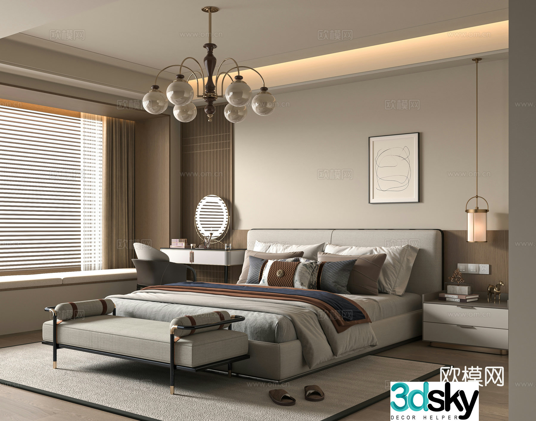 New Chinese style double bed 3D model