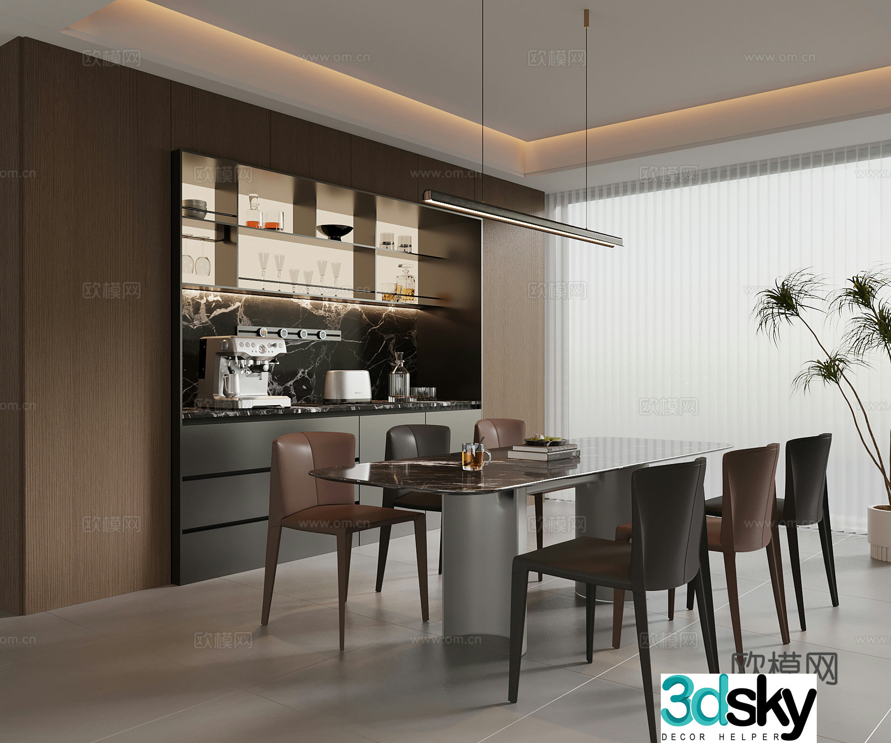 Modern Italian restaurant dining table and chair Italian wine cabinet 3d model