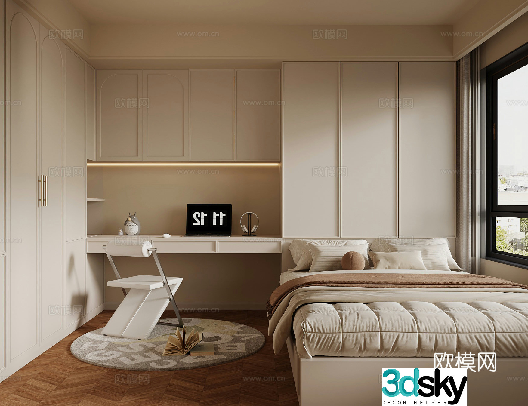 French creamy bedroom computer 3d model