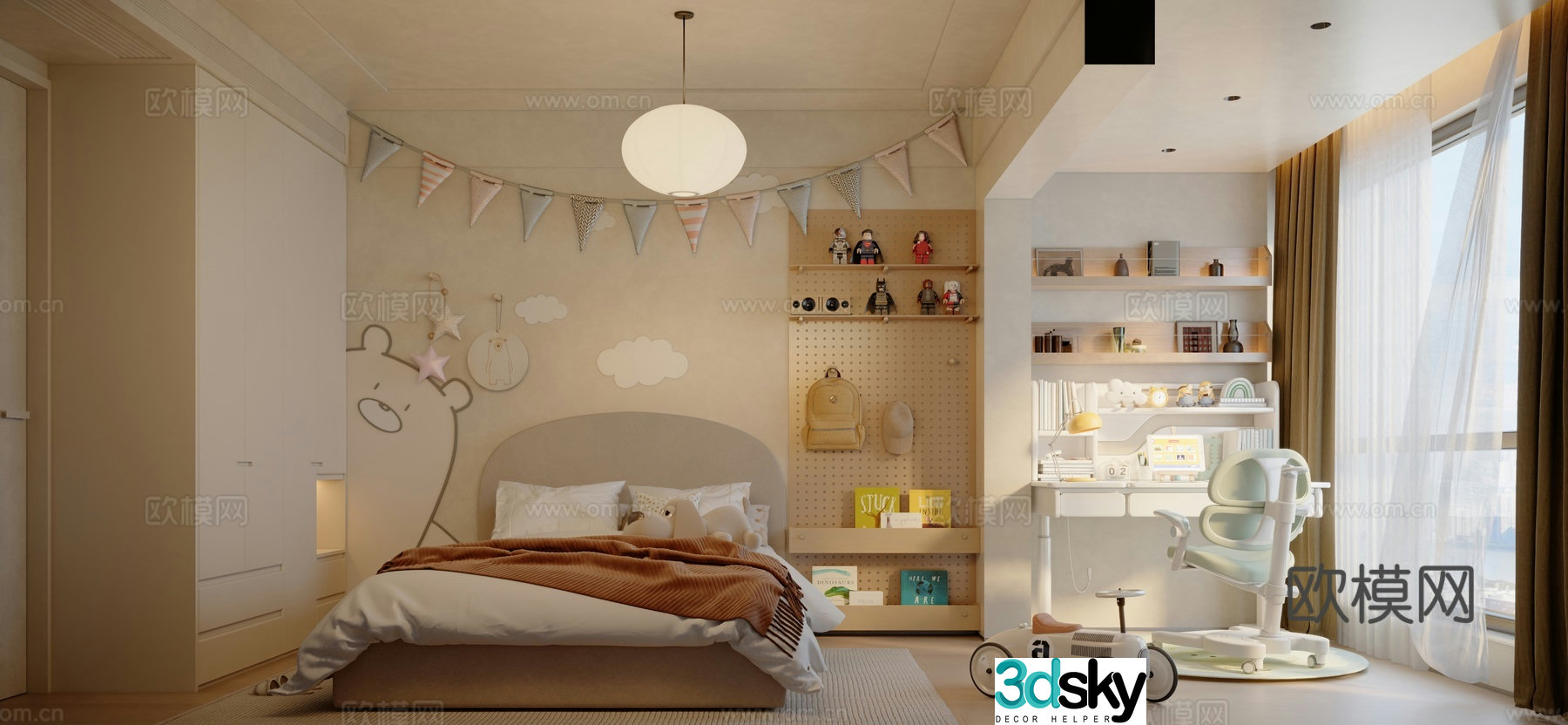 Modern creamy bedroom children’s room 3d model