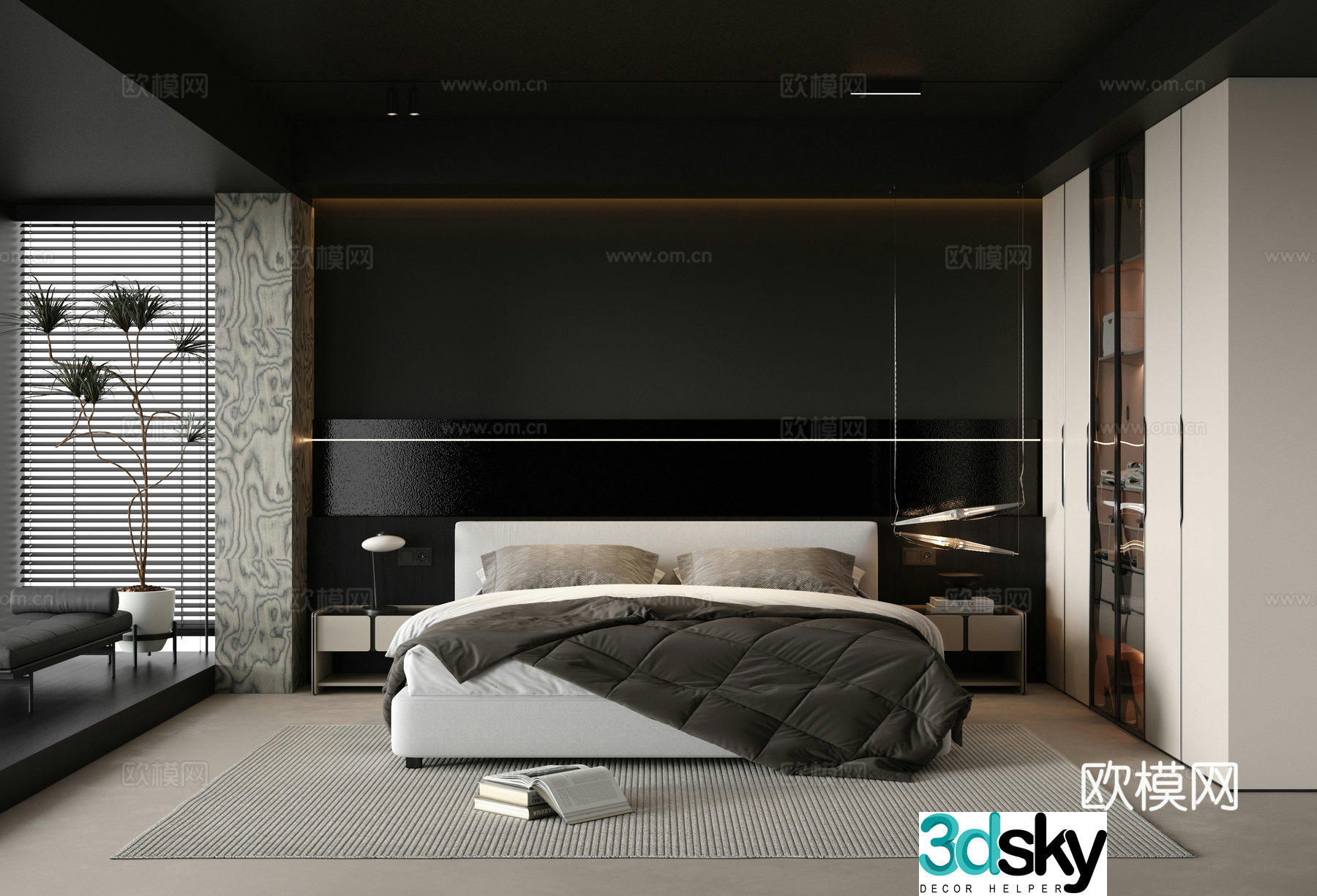 Modern simple home bedroom master bedroom bay window bedroom black and white bedroom bedroom without master lights dark 3d model