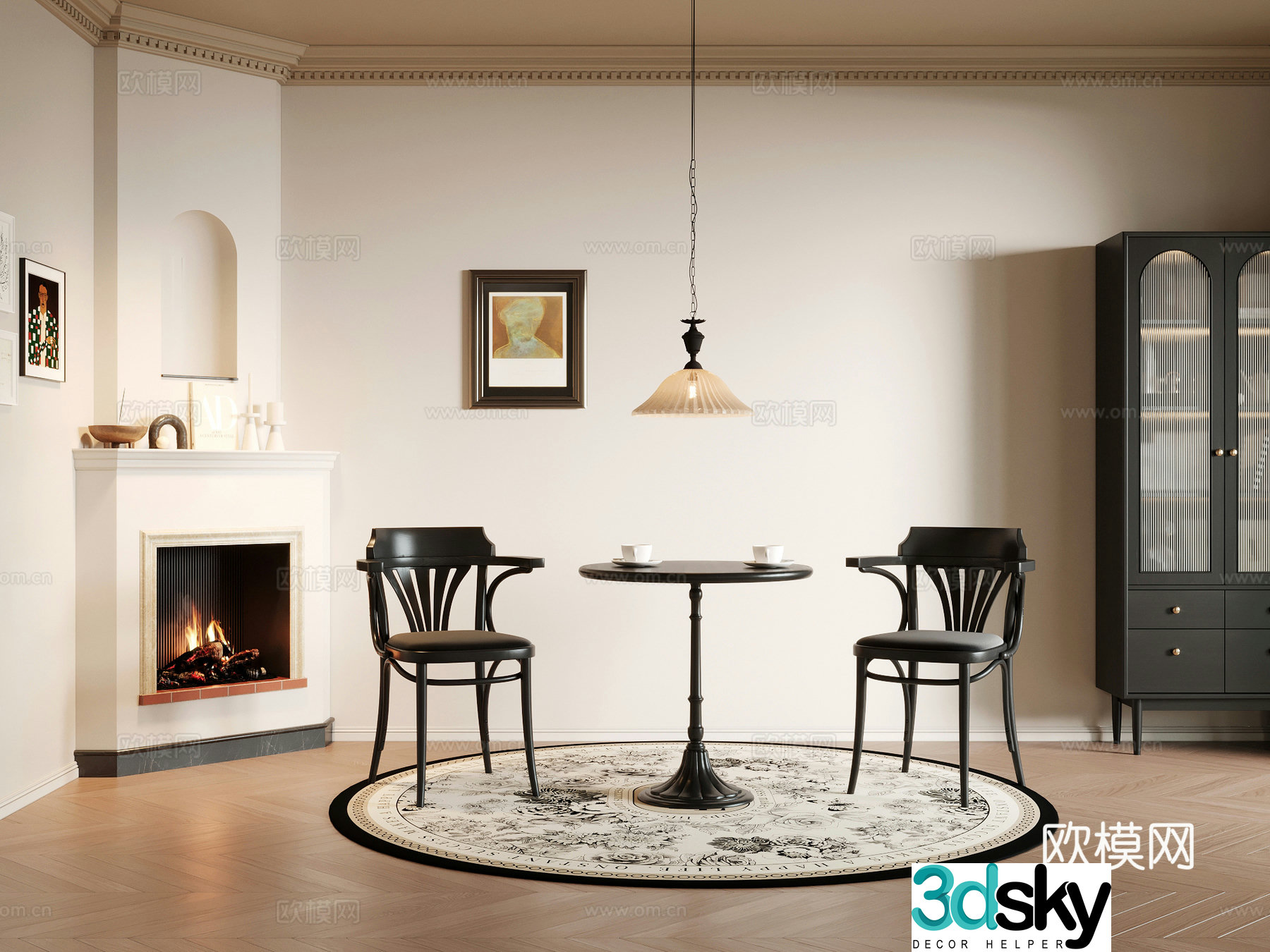 French retro style restaurant dining table and chair combination 3D model