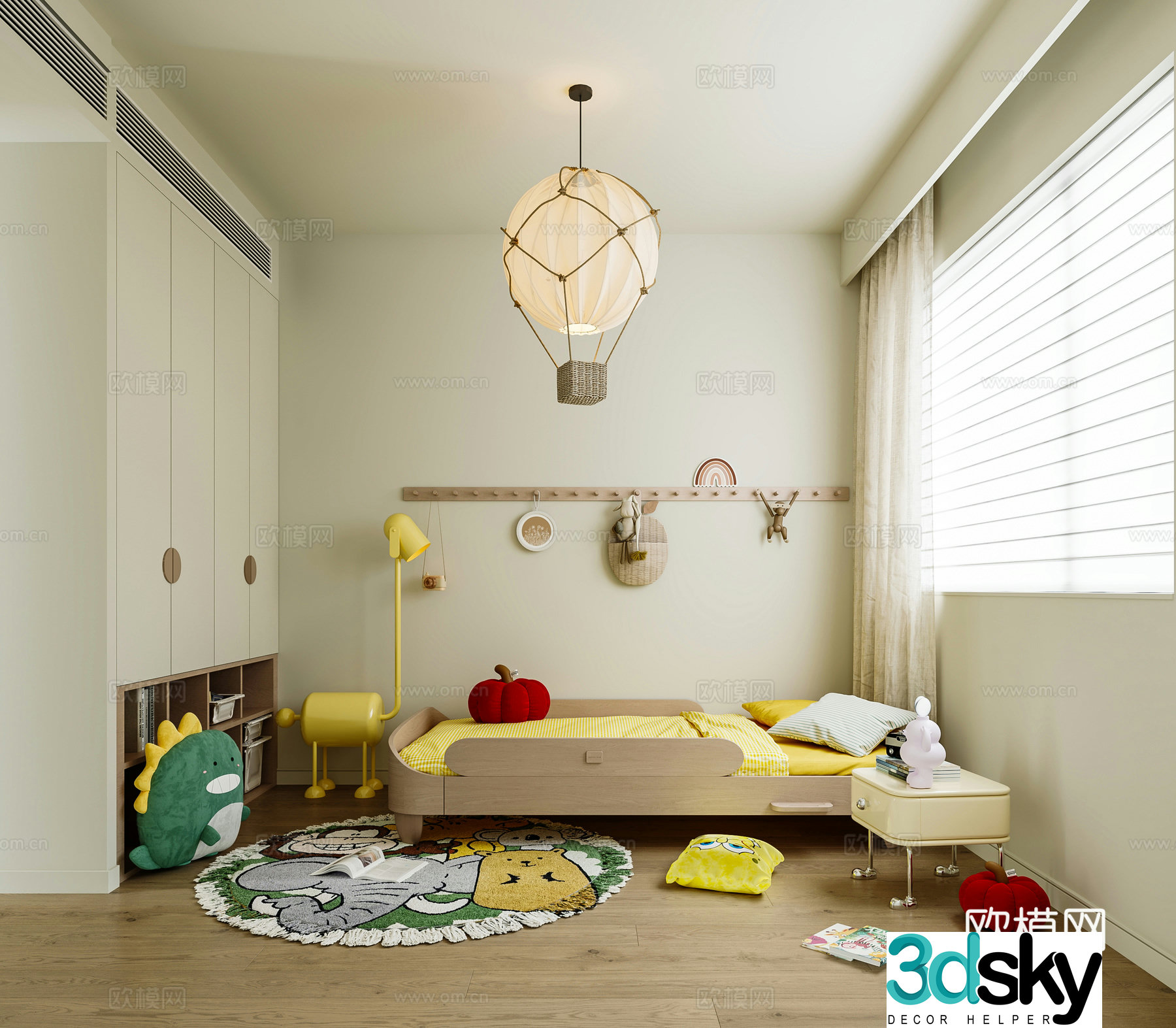 Modern creamy boy room chest of drawers side table bedside table toy children’s bed 3d model
