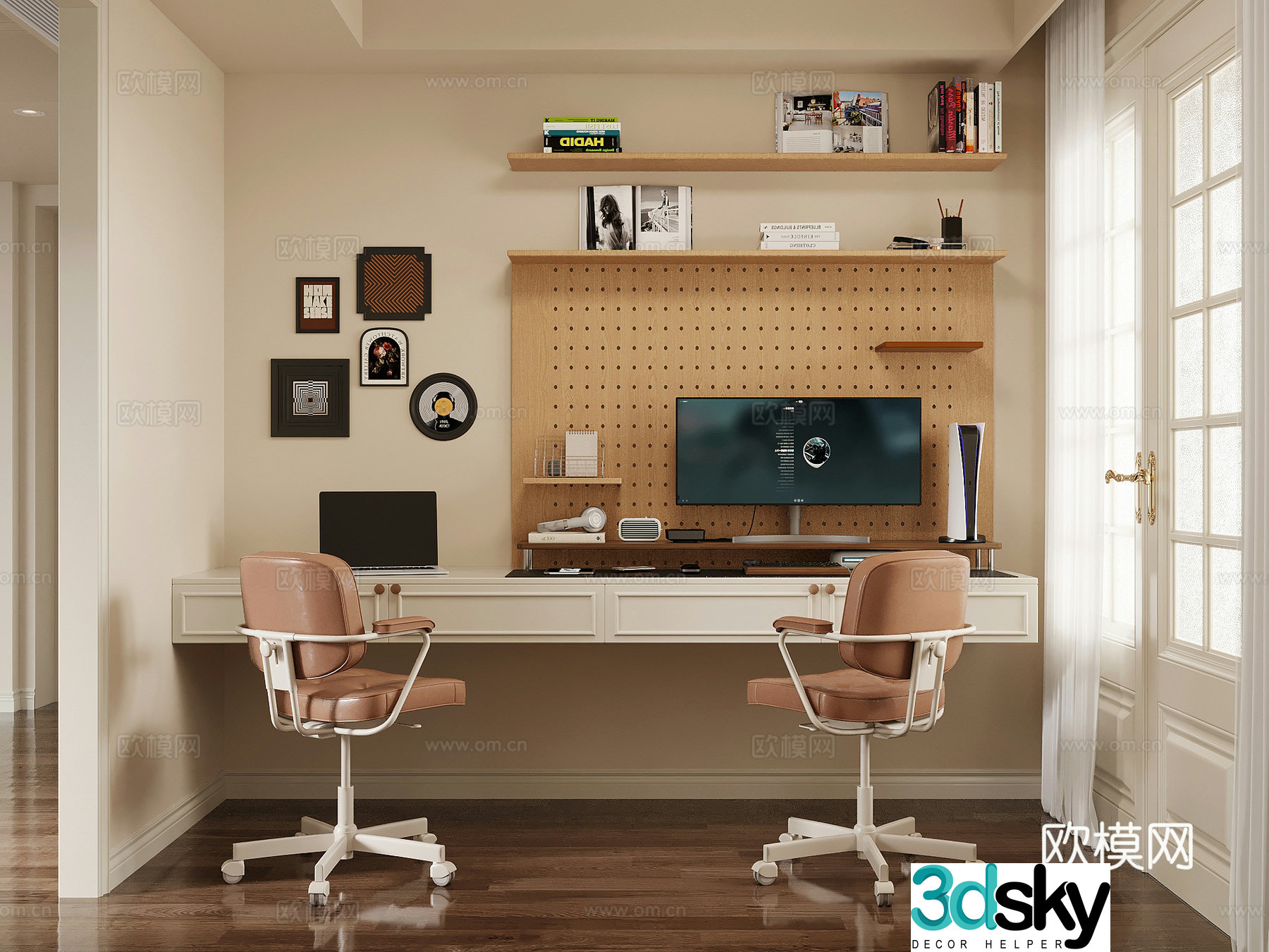 French Creamy Study Room Desk and Chair Computer Book 3D Model