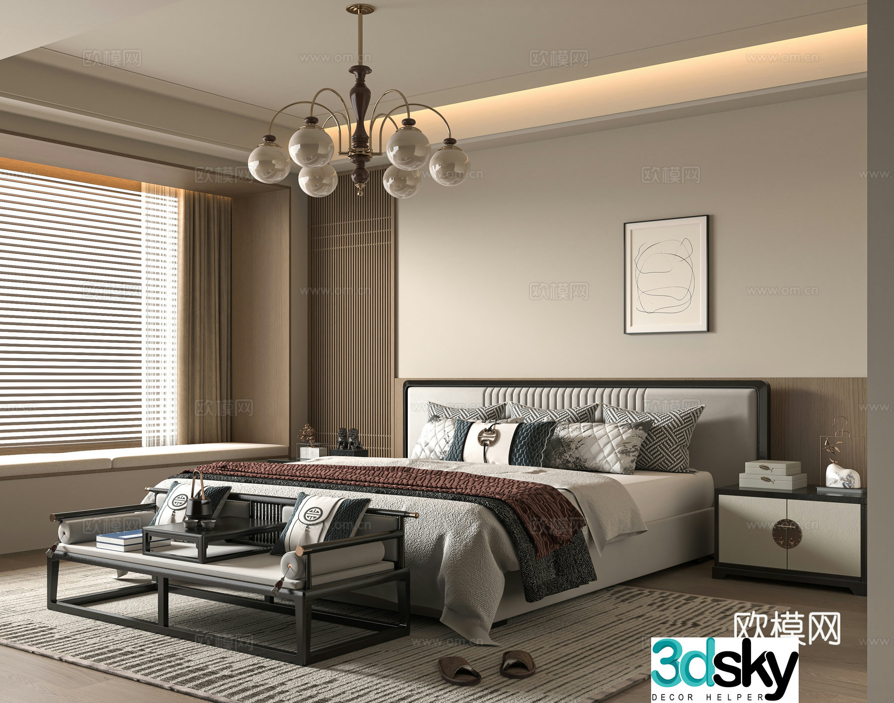 New Chinese style double bed 3D model