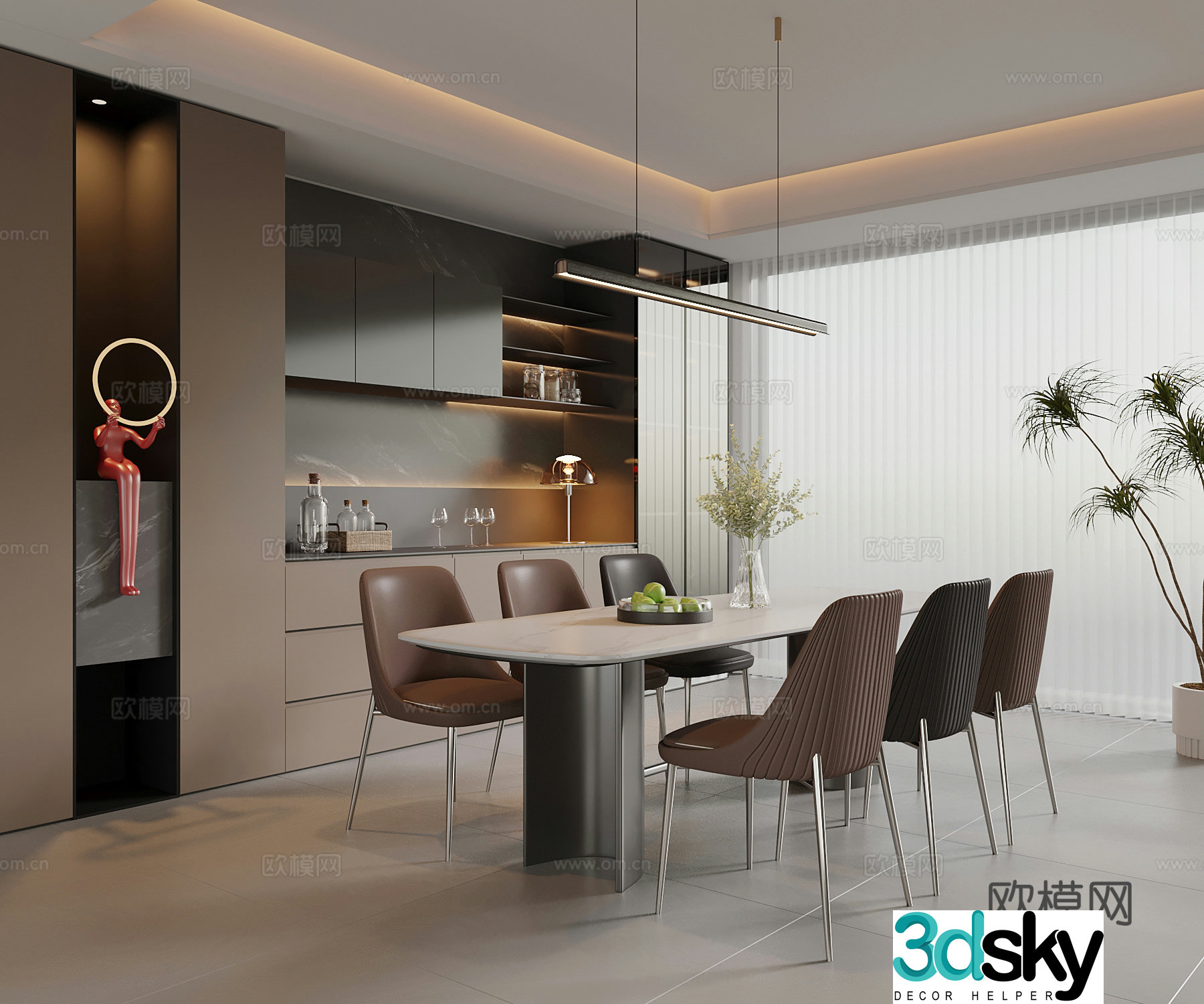 Modern Italian restaurant dining table and chair Italian wine cabinet 3d model