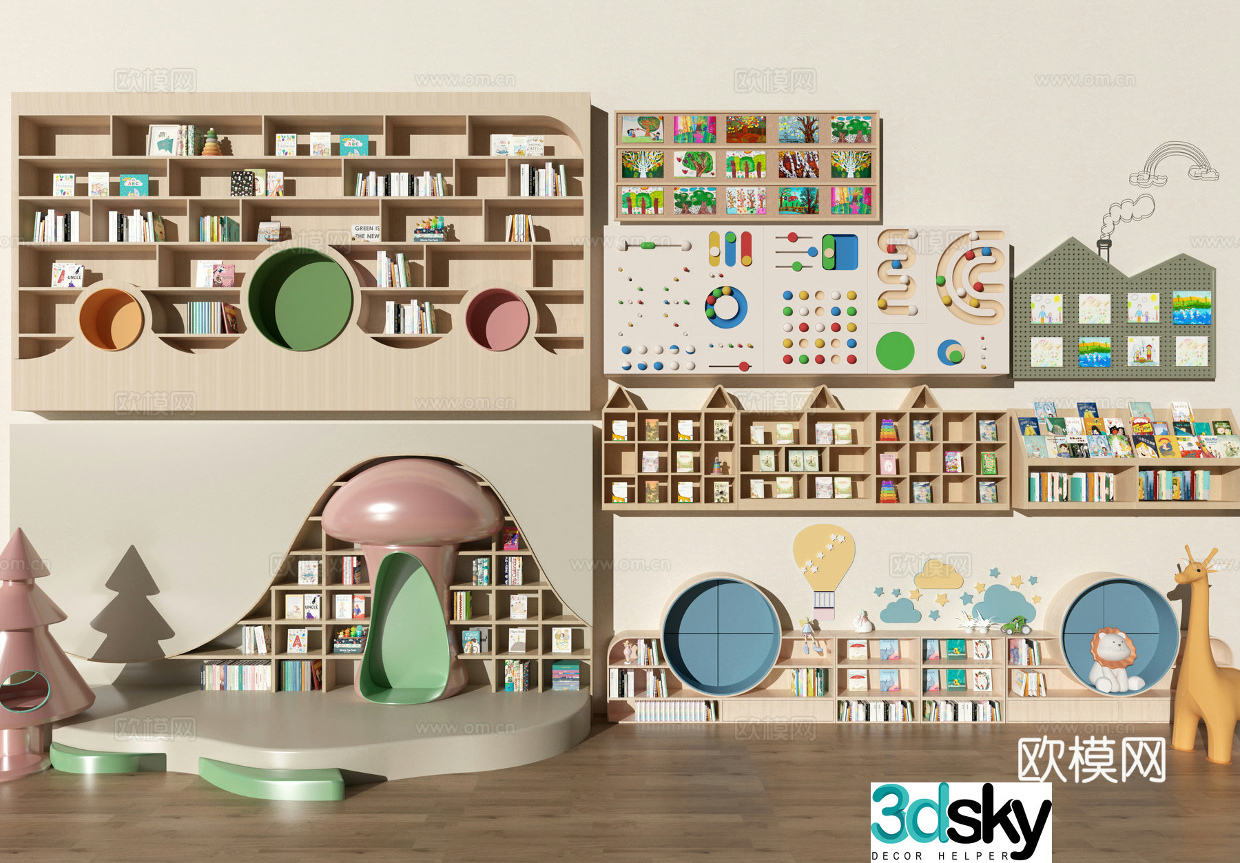 Kindergarten bookshelf Kindergarten bookcase Reading room Kindergarten table and chair 3D model