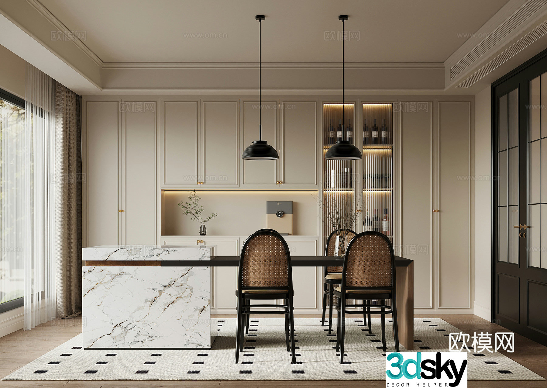 French cream restaurant wine cabinet sideboard dining table island 3D model