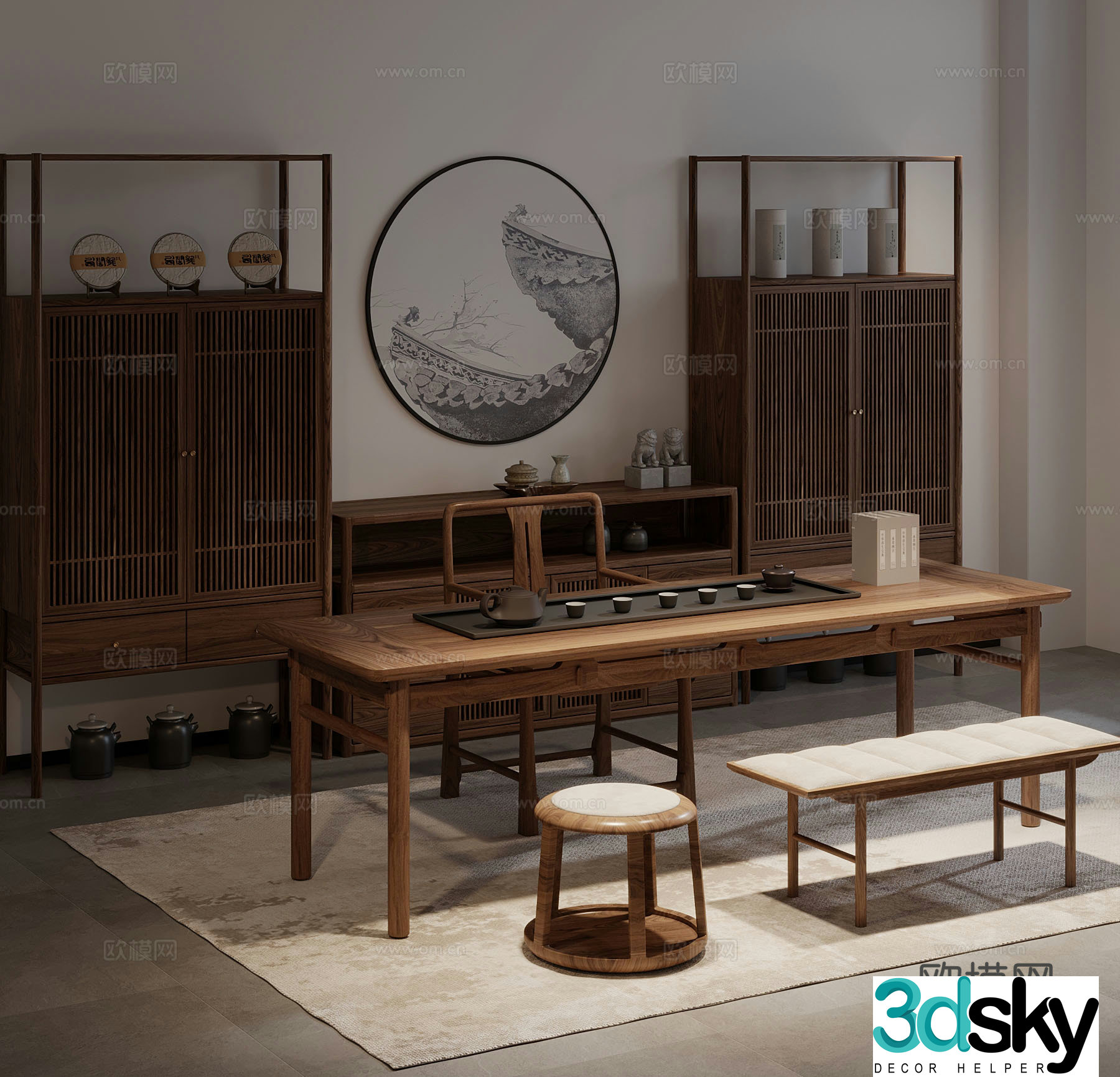 New Chinese-style tea room tea table and chair Bo Gu shelf 3D model
