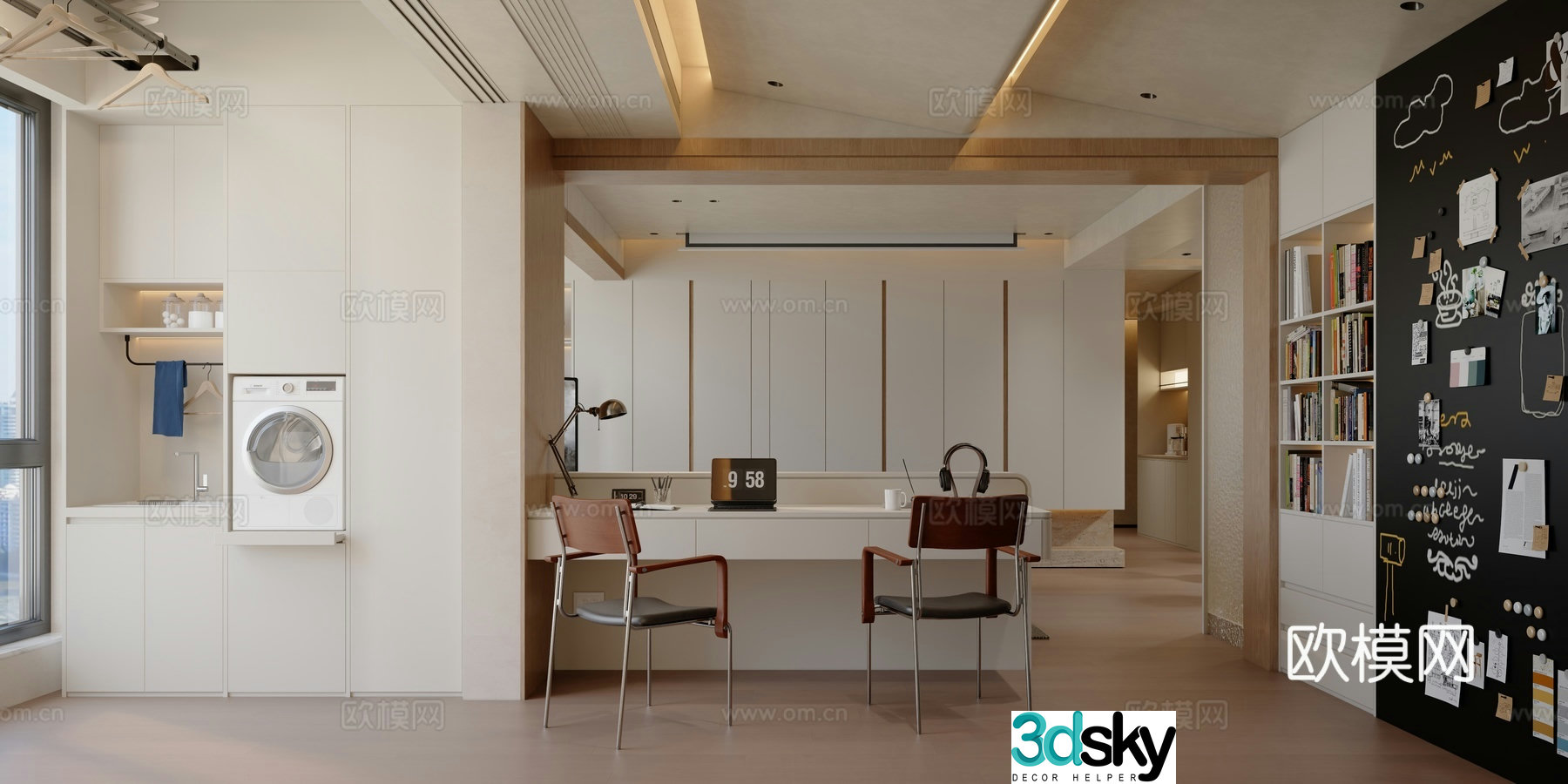 Modern Creamy Study Room Desk and Chair Blackboard Wall 3D Model