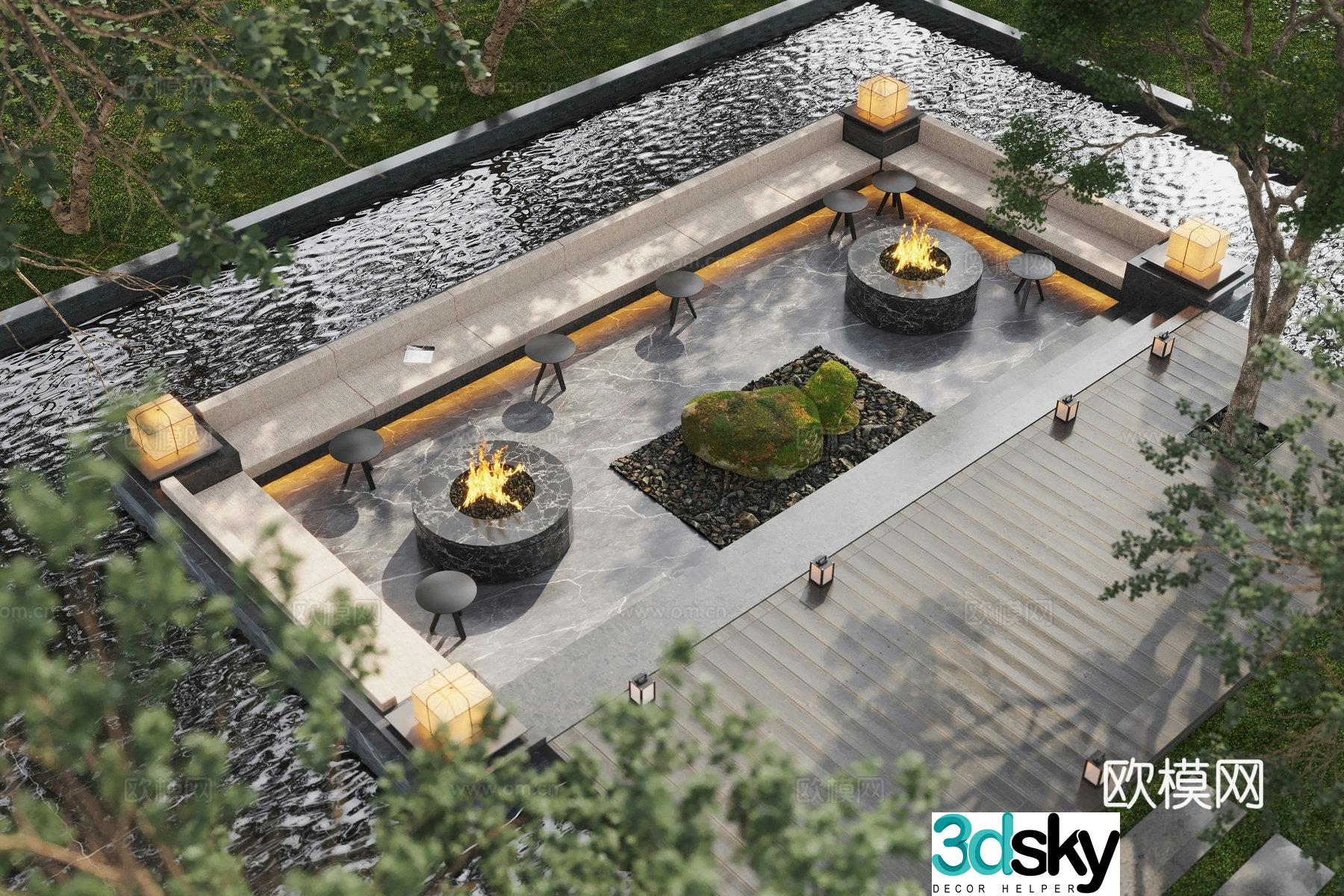 Modern courtyard booth garden water view garden lights 3d model