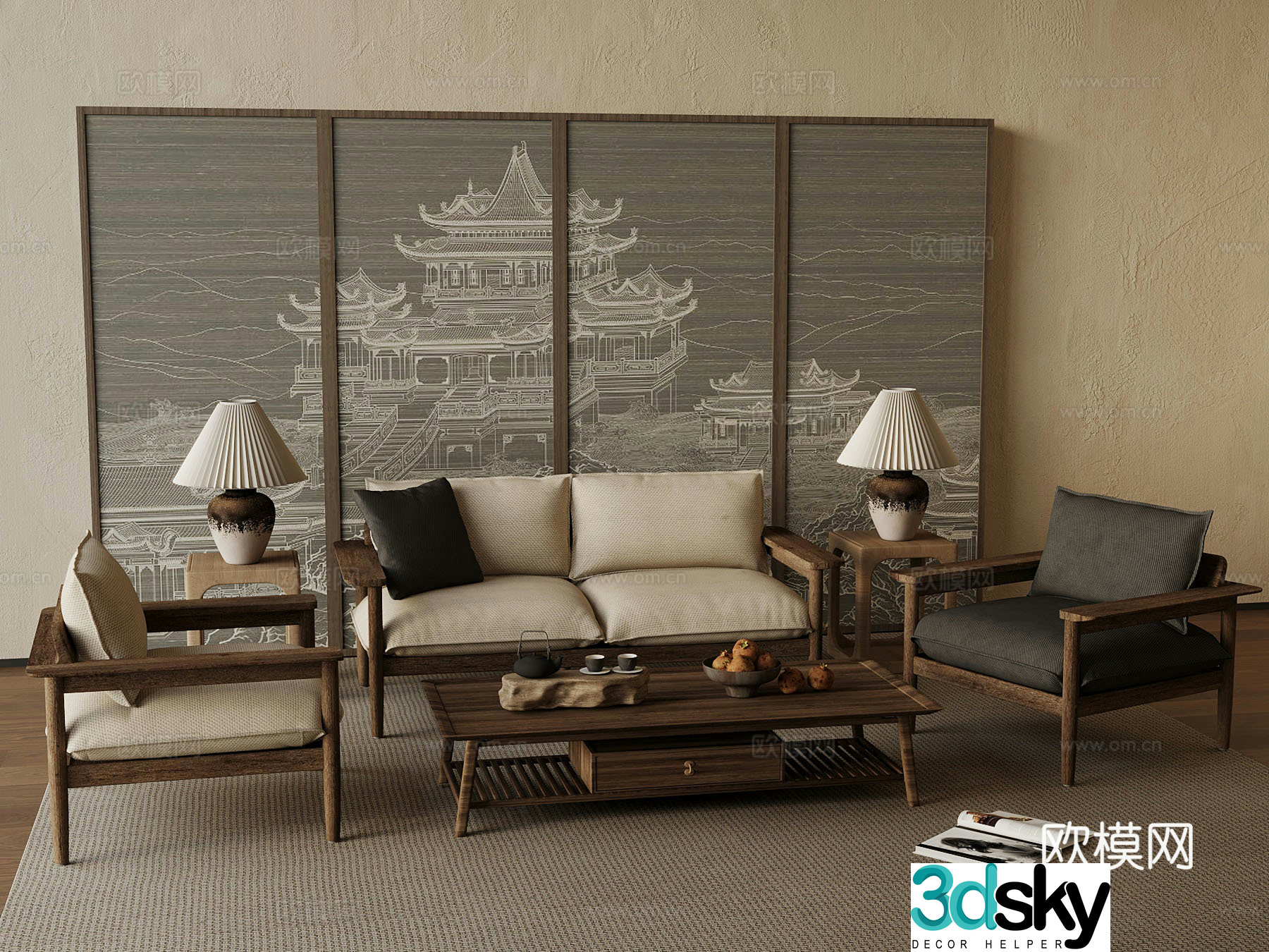 New Chinese sofa casual table and chairs screen 3d model