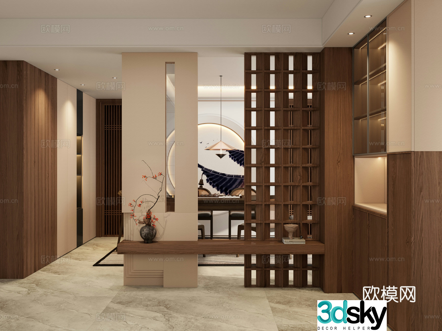 New Chinese style medieval style solid wood shape partition Scarpa stacked moon door entrance partition 3D model