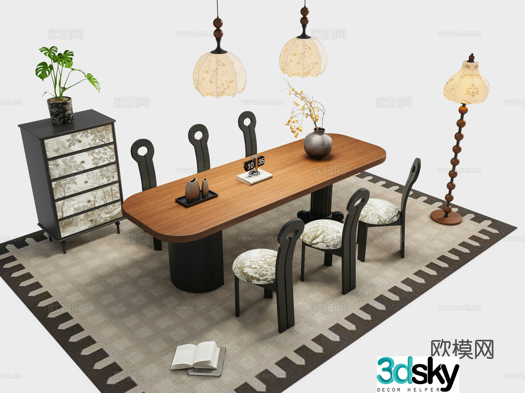 French retro dining table and chair combination 3D model
