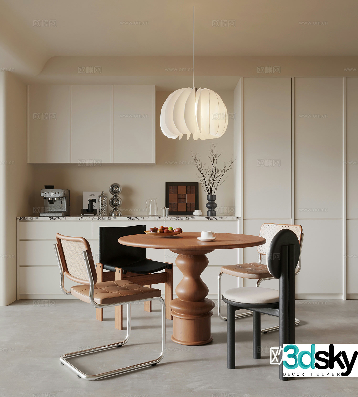 Middle style restaurant dining table and chairs sideboard wine cabinet 3D model