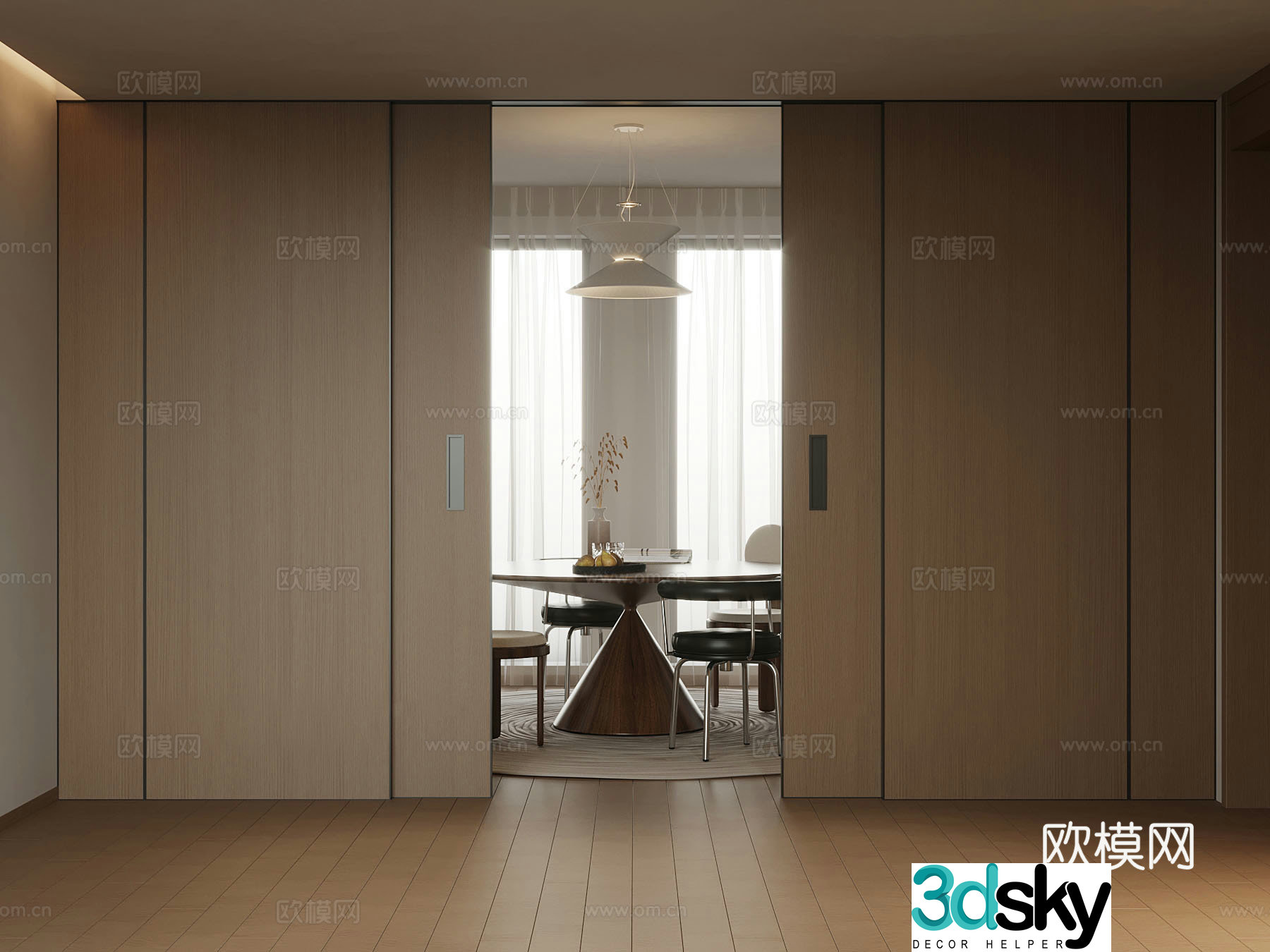 Modern solid wood sliding door dining table 3d model