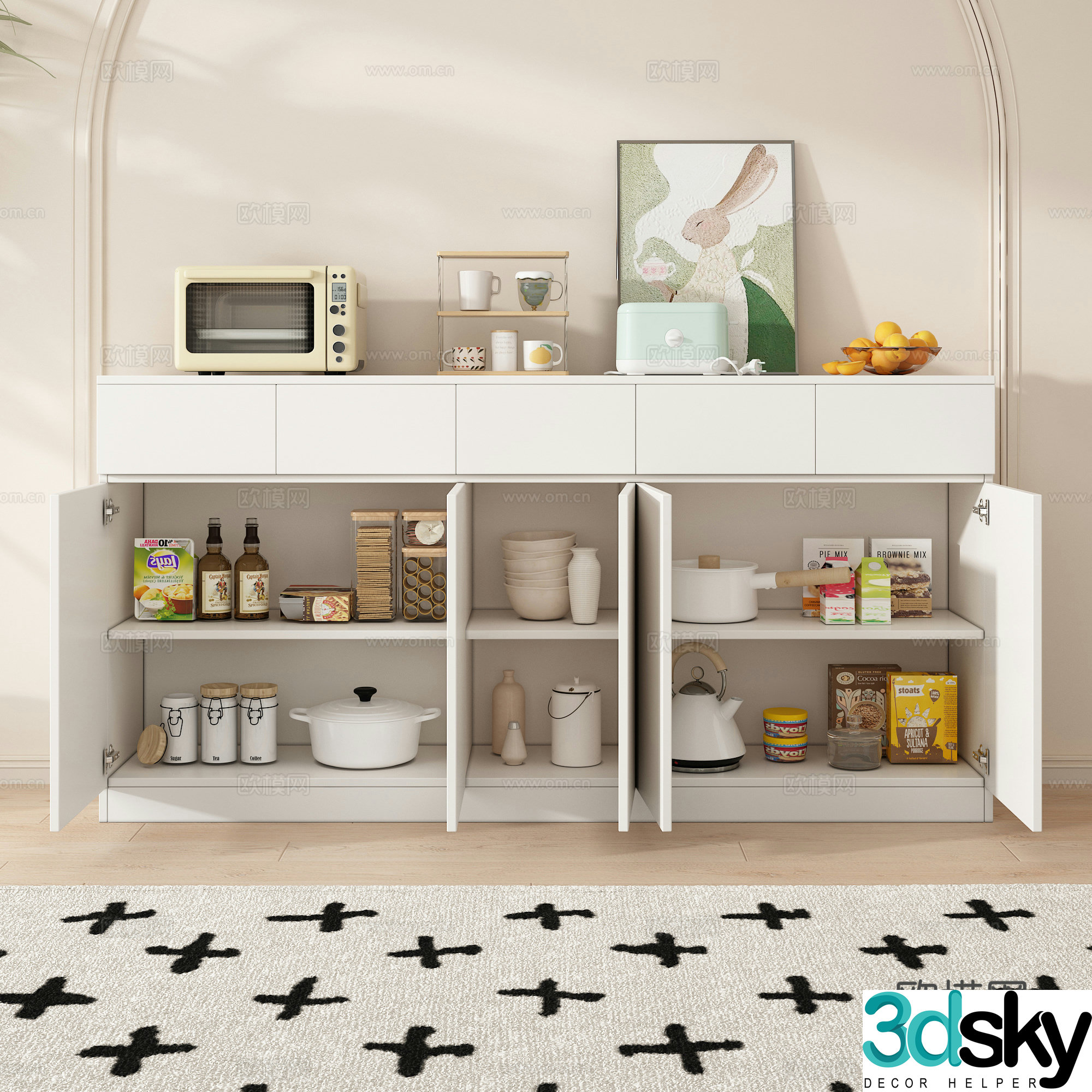 Sideboard Kitchen Supplies Microwave Fruit Water Cup Decorative Painting Pots and Pans Carpet 3D Model