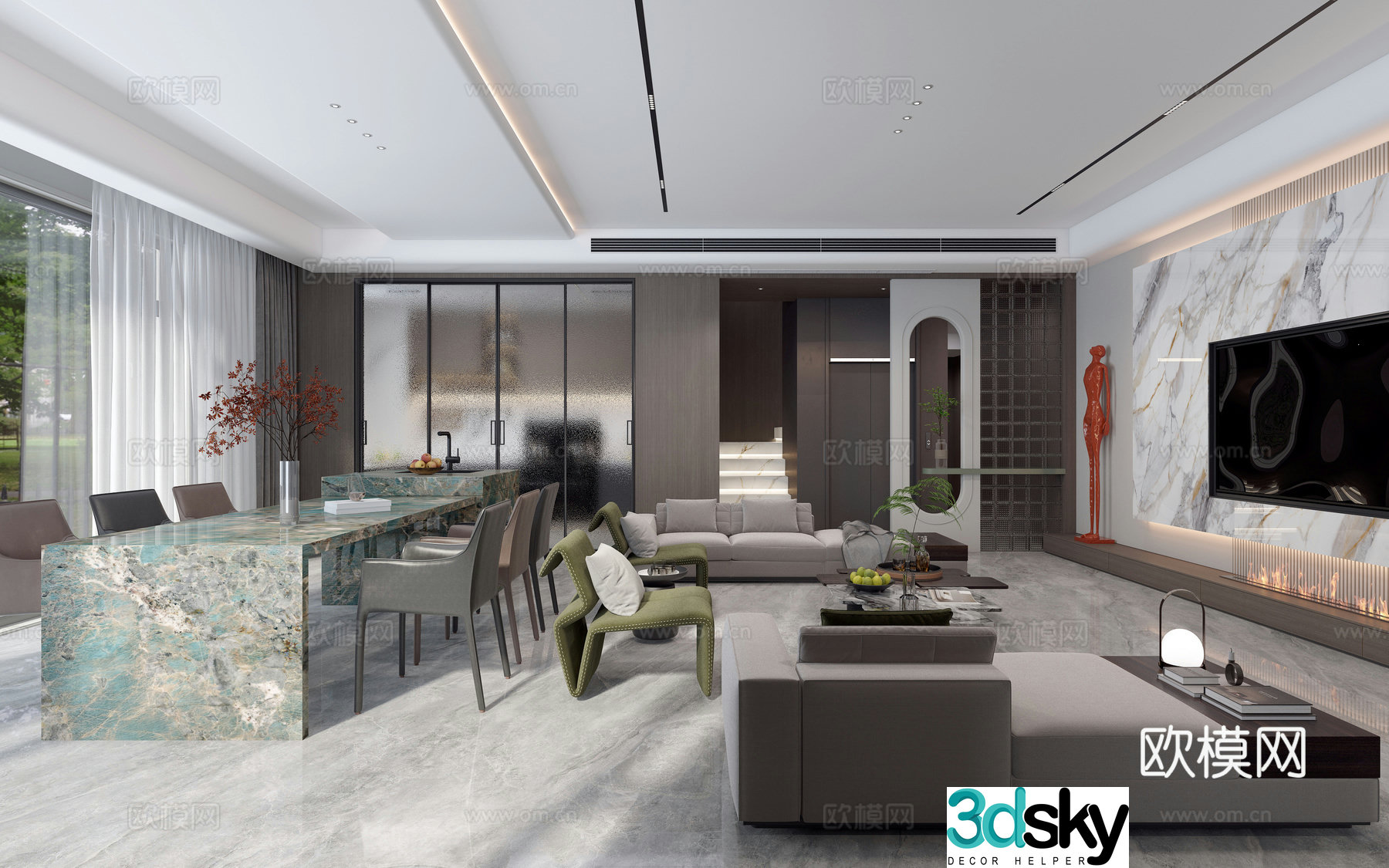 Modern Italian villa living and dining room 3d model