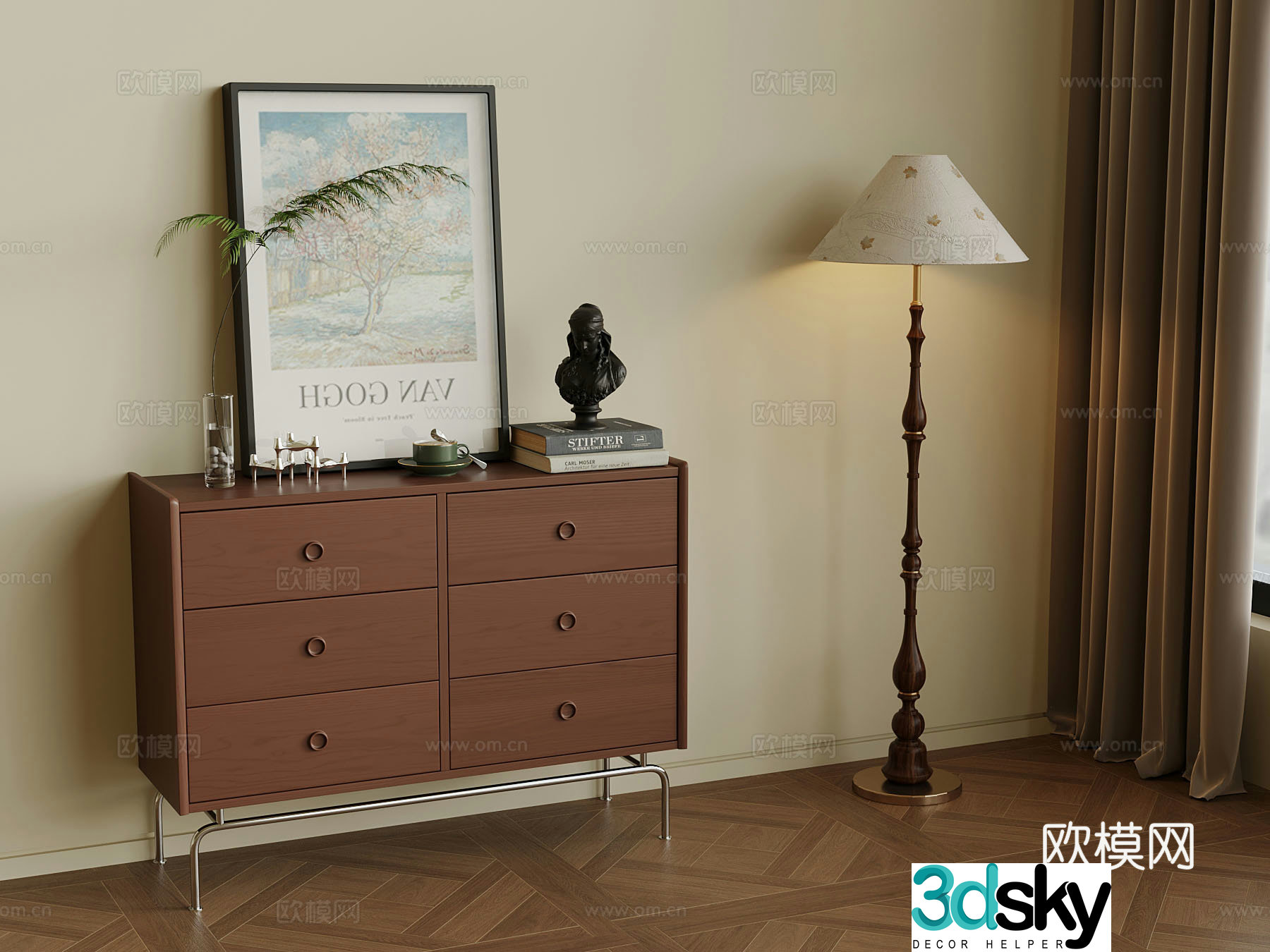 Middle-aged style porch cabinet low cabinet 3D model