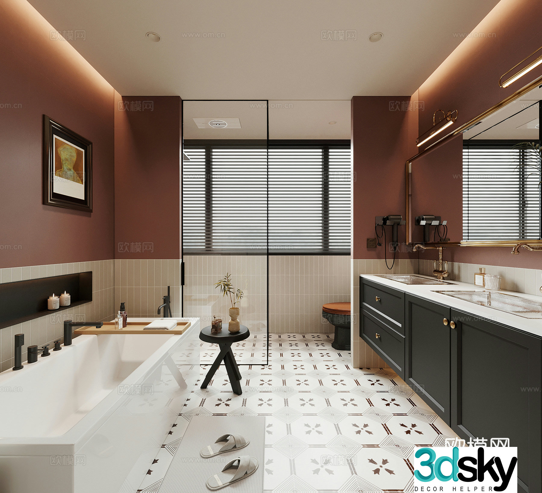 French retro style bathroom bathroom cabinet bathtub toilet 3d model