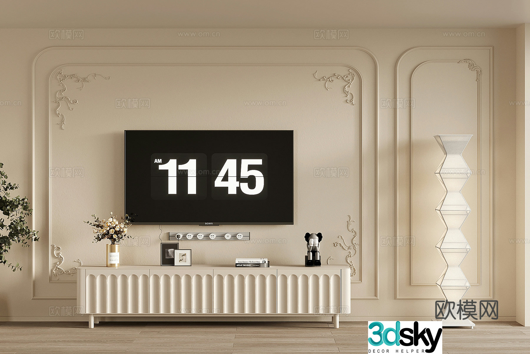 French creamy TV background wall TV cabinet floor lamp 3d model