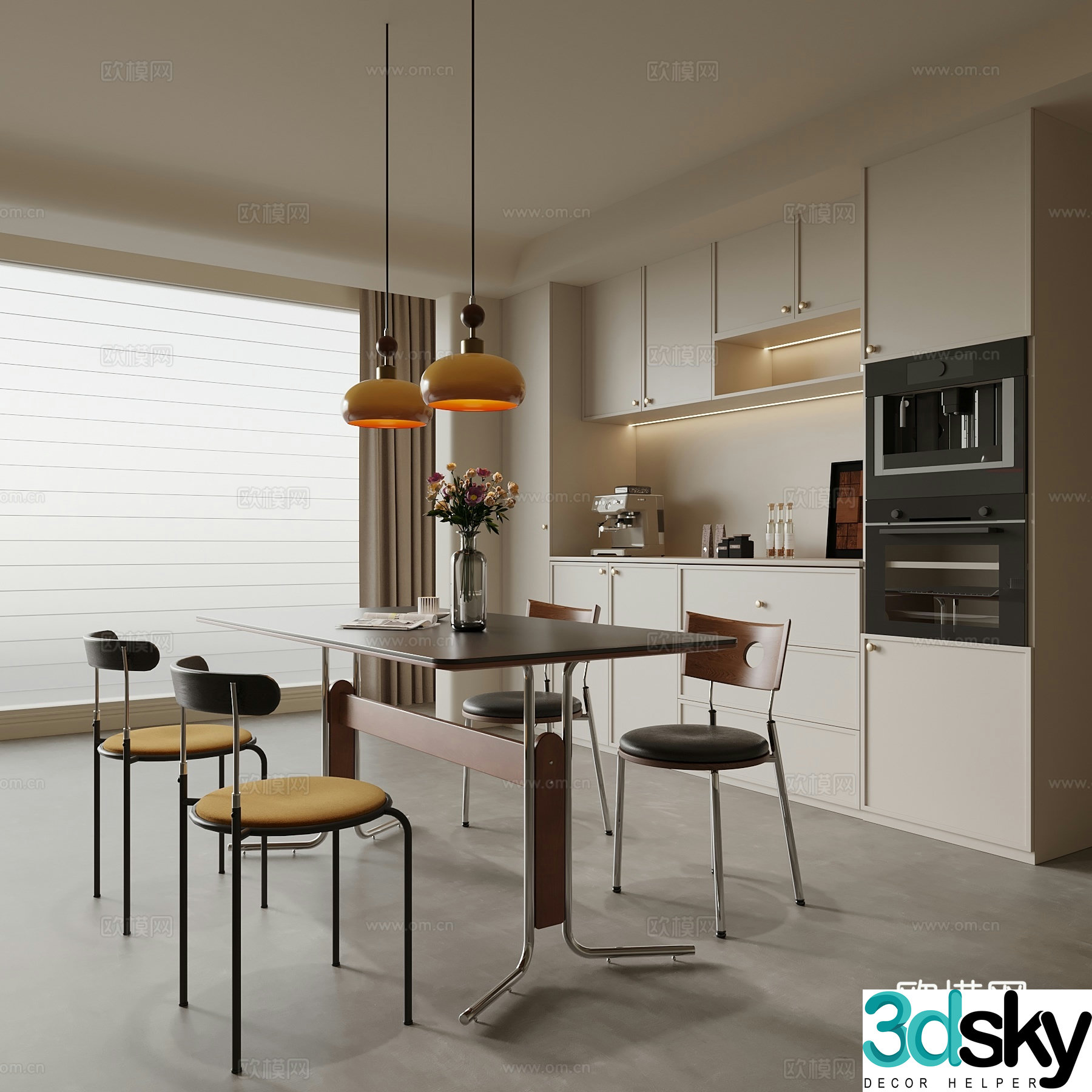 Middle-aged restaurant dining table and chairs wine cabinet 3d model